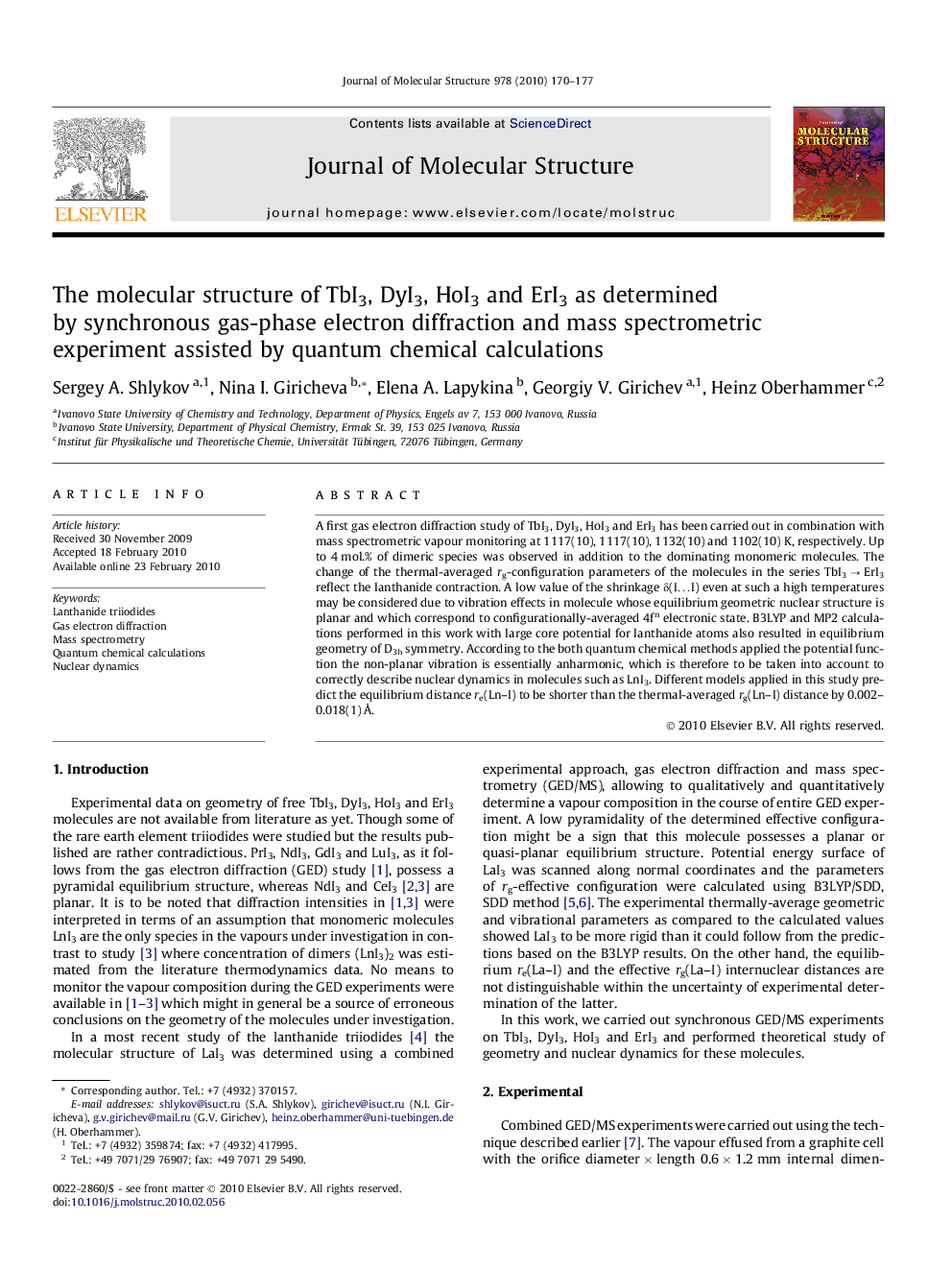 The molecular structure of TbI3, DyI3, HoI3 and ErI3 as determined by synchronous gas-phase electron diffraction and mass spectrometric experiment assisted by quantum chemical calculations