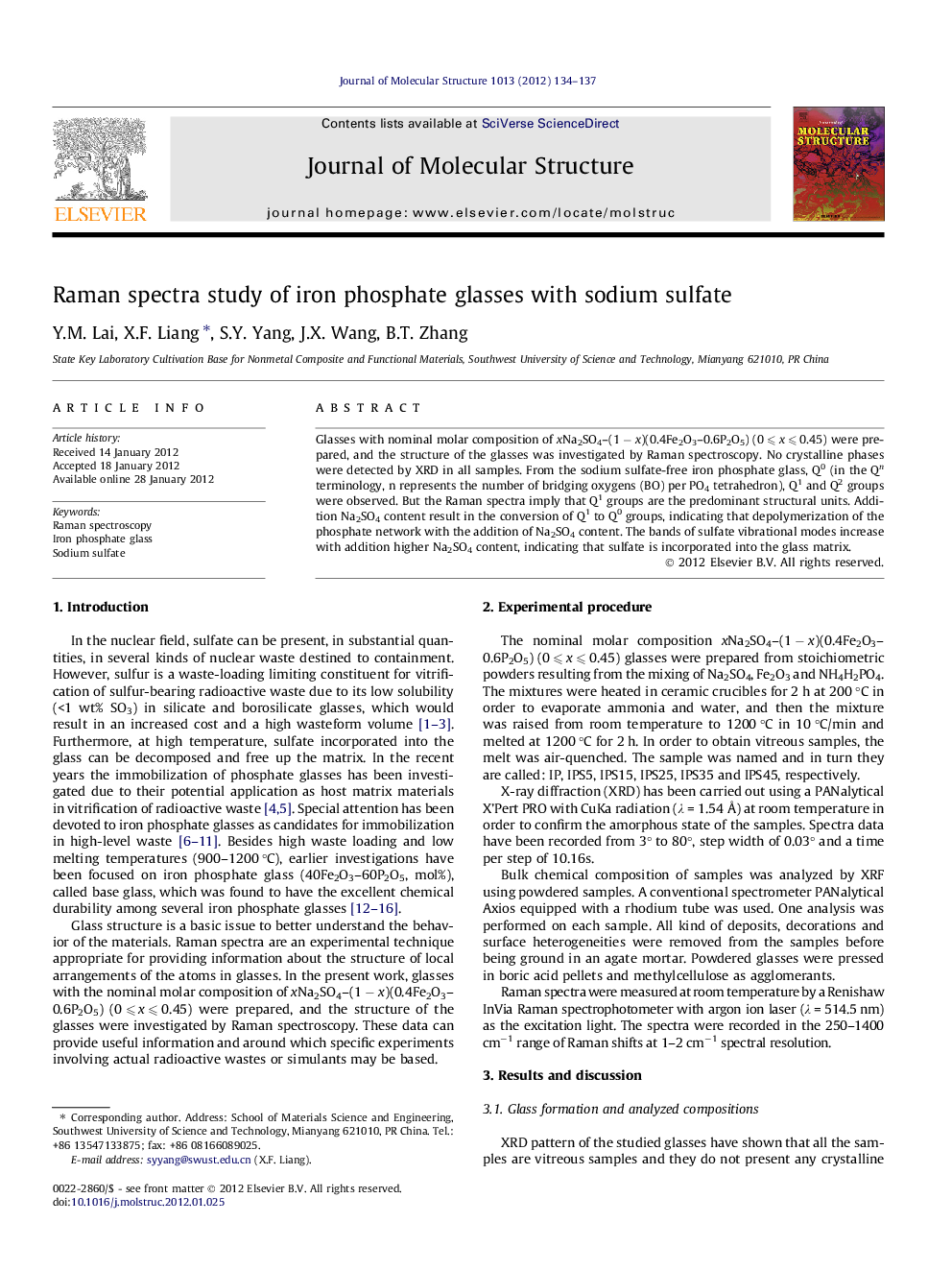 Raman spectra study of iron phosphate glasses with sodium sulfate