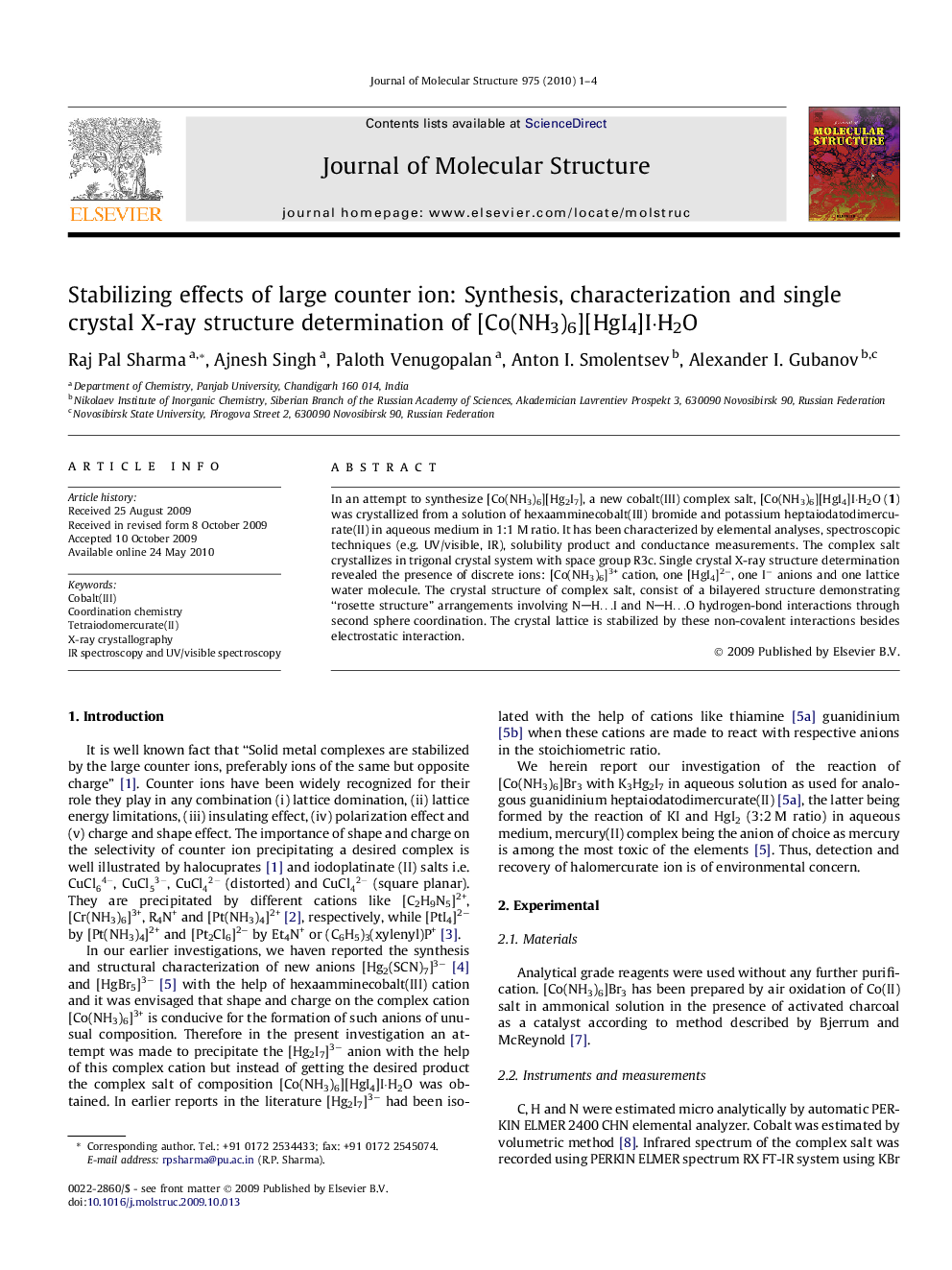 Stabilizing effects of large counter ion: Synthesis, characterization and single crystal X-ray structure determination of [Co(NH3)6][HgI4]I·H2O