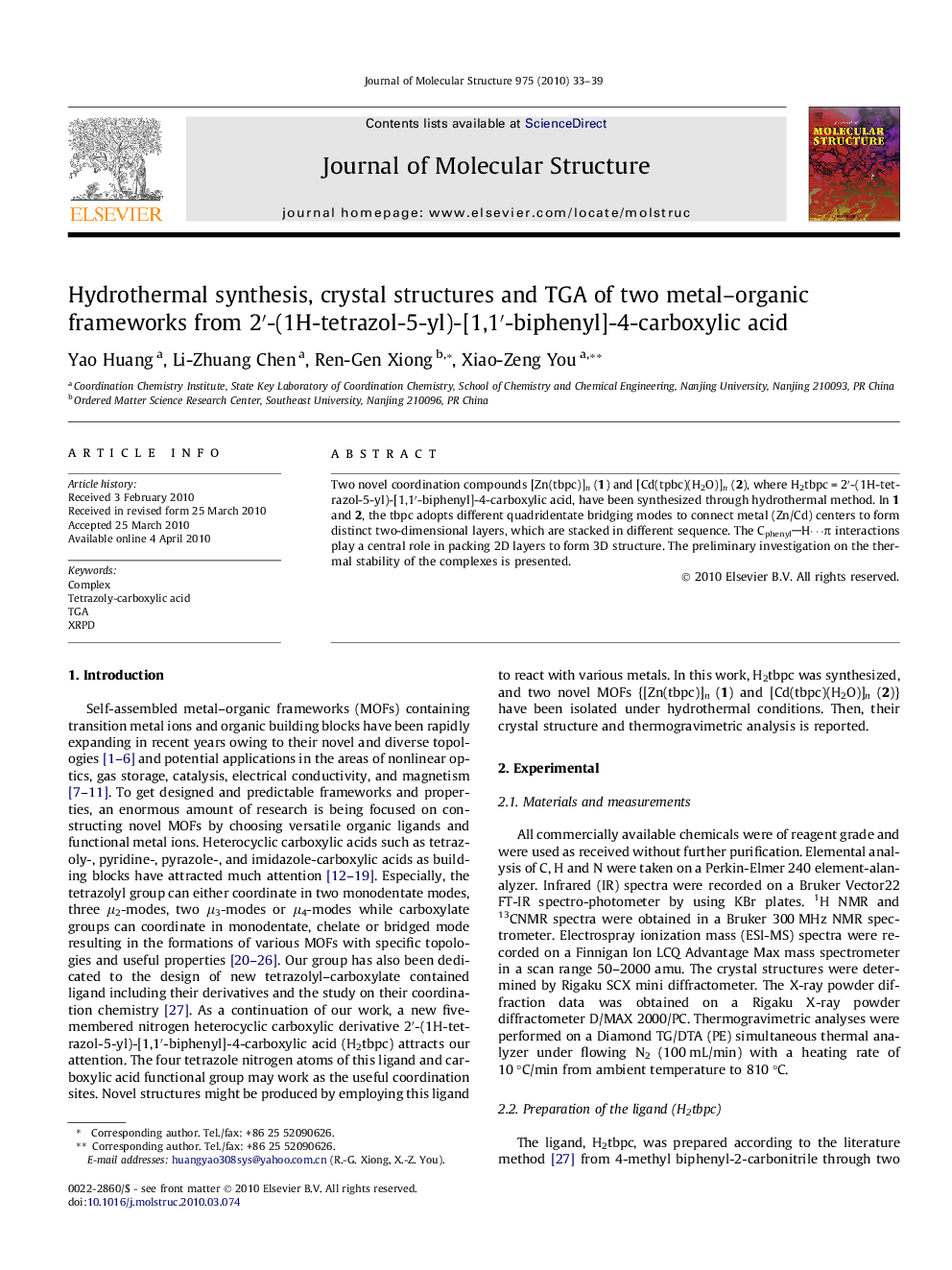 Hydrothermal synthesis, crystal structures and TGA of two metal–organic frameworks from 2′-(1H-tetrazol-5-yl)-[1,1′-biphenyl]-4-carboxylic acid