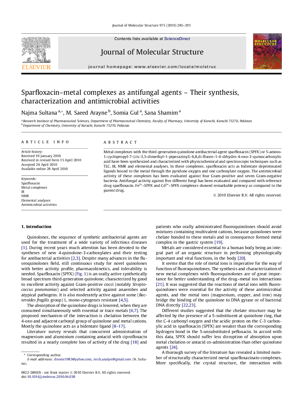 Sparfloxacin–metal complexes as antifungal agents – Their synthesis, characterization and antimicrobial activities