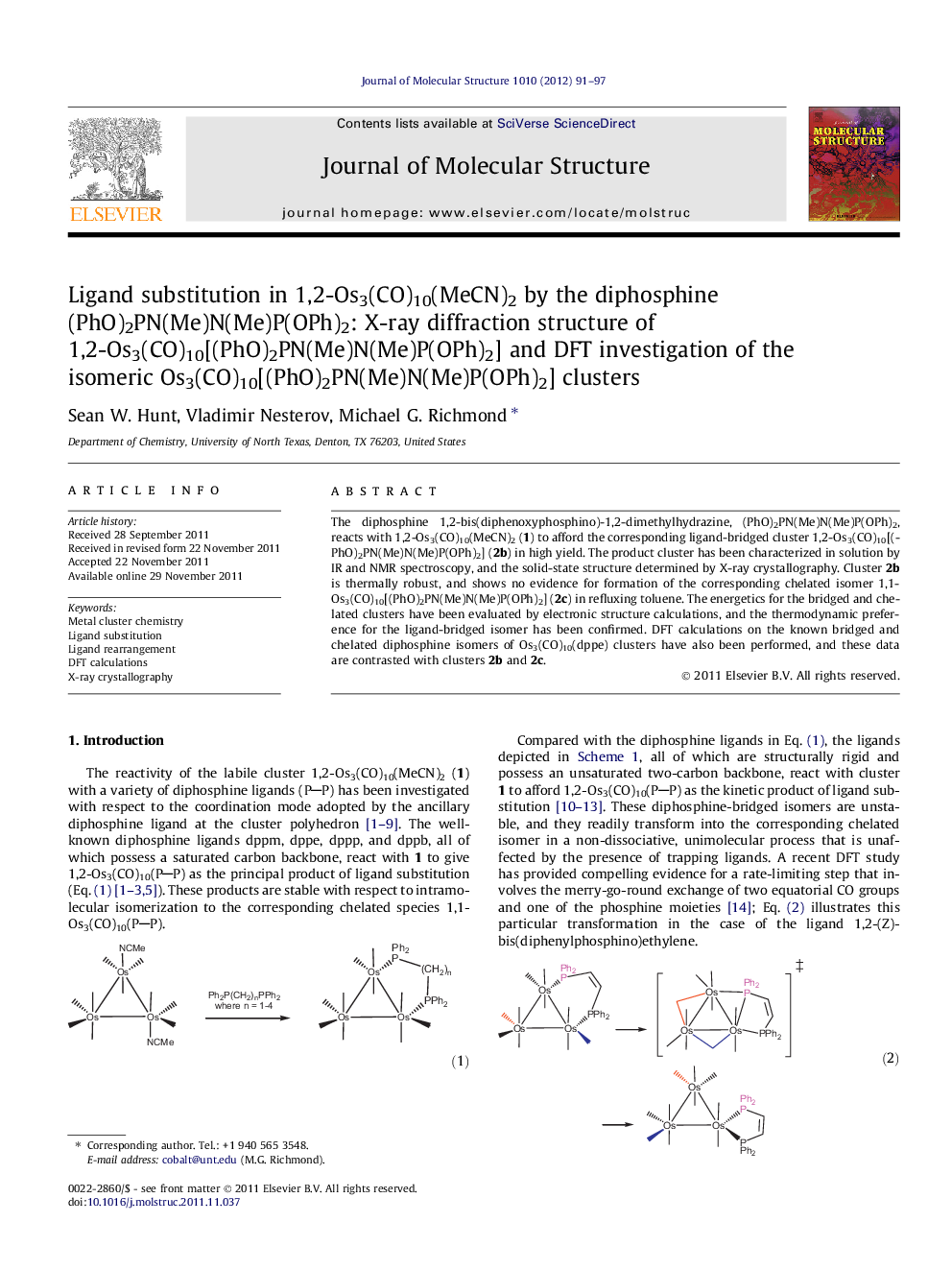 Ligand substitution in 1,2-Os3(CO)10(MeCN)2 by the diphosphine (PhO)2PN(Me)N(Me)P(OPh)2: X-ray diffraction structure of 1,2-Os3(CO)10[(PhO)2PN(Me)N(Me)P(OPh)2] and DFT investigation of the isomeric Os3(CO)10[(PhO)2PN(Me)N(Me)P(OPh)2] clusters