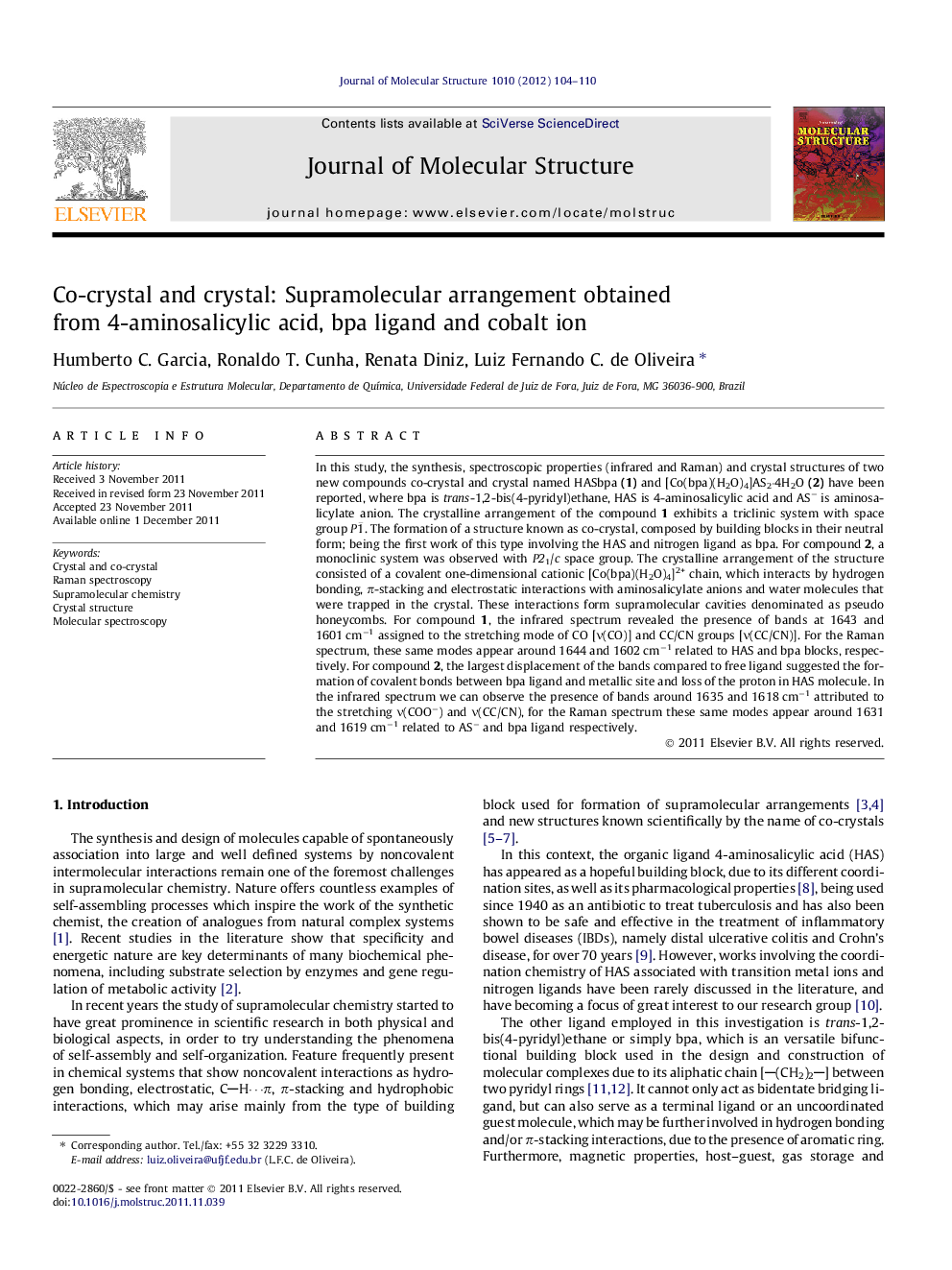 Co-crystal and crystal: Supramolecular arrangement obtained from 4-aminosalicylic acid, bpa ligand and cobalt ion