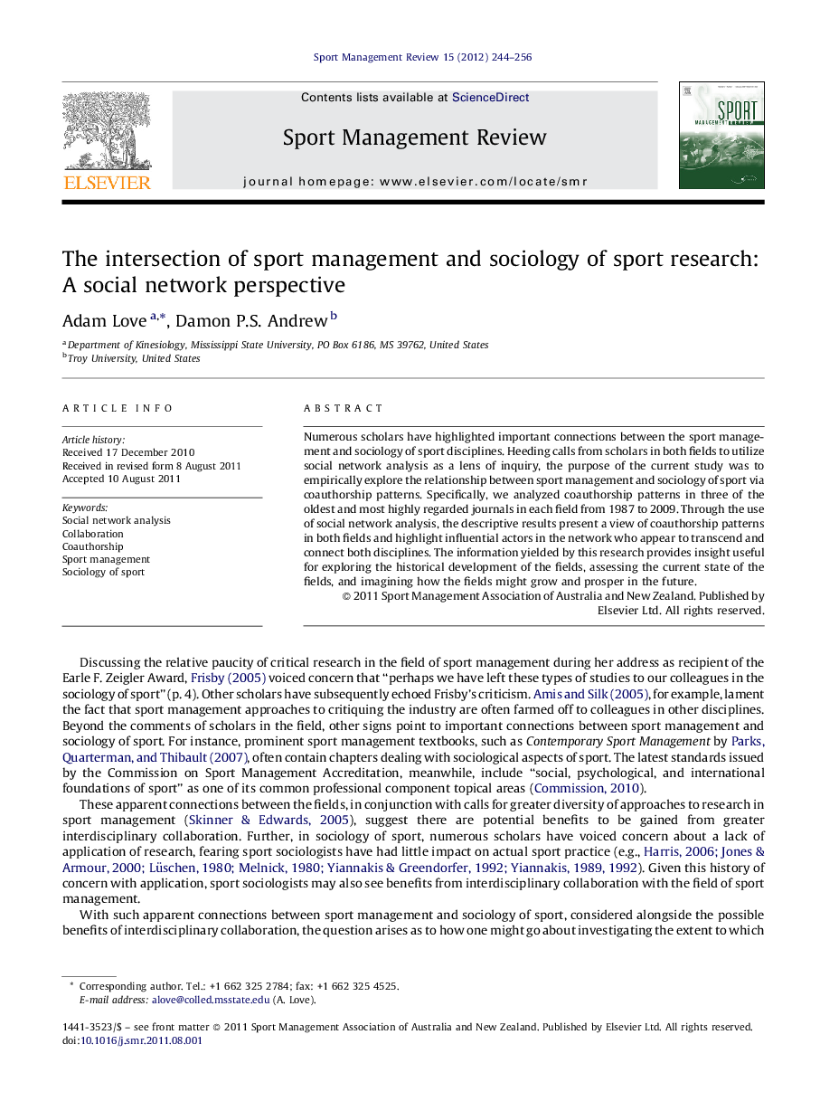 عکس صفحه اول مقاله: The intersection of sport management and sociology of sport research: A social network perspective The intersection of sport management and sociology of sport research: A social network perspective