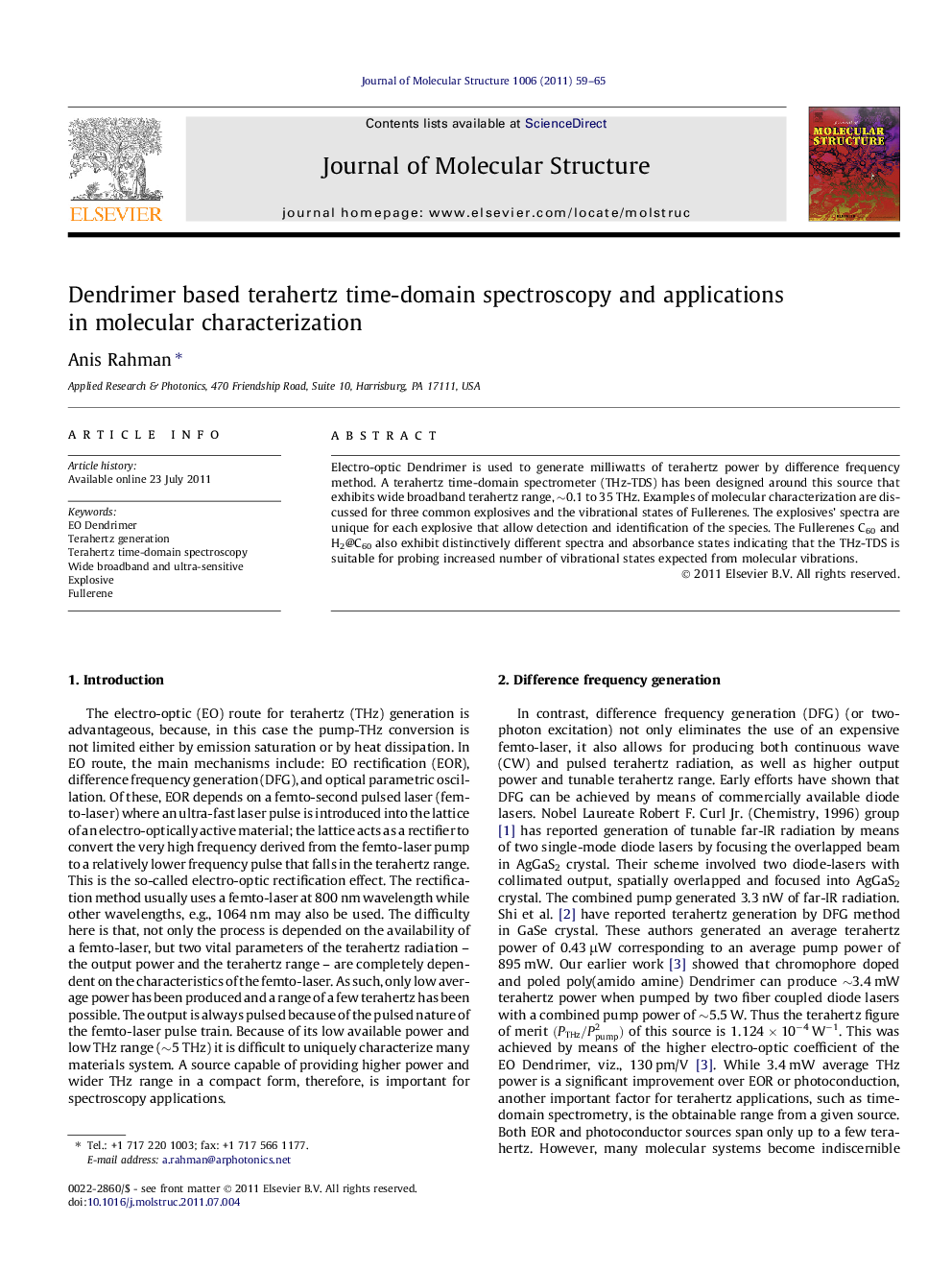 Dendrimer based terahertz time-domain spectroscopy and applications in molecular characterization