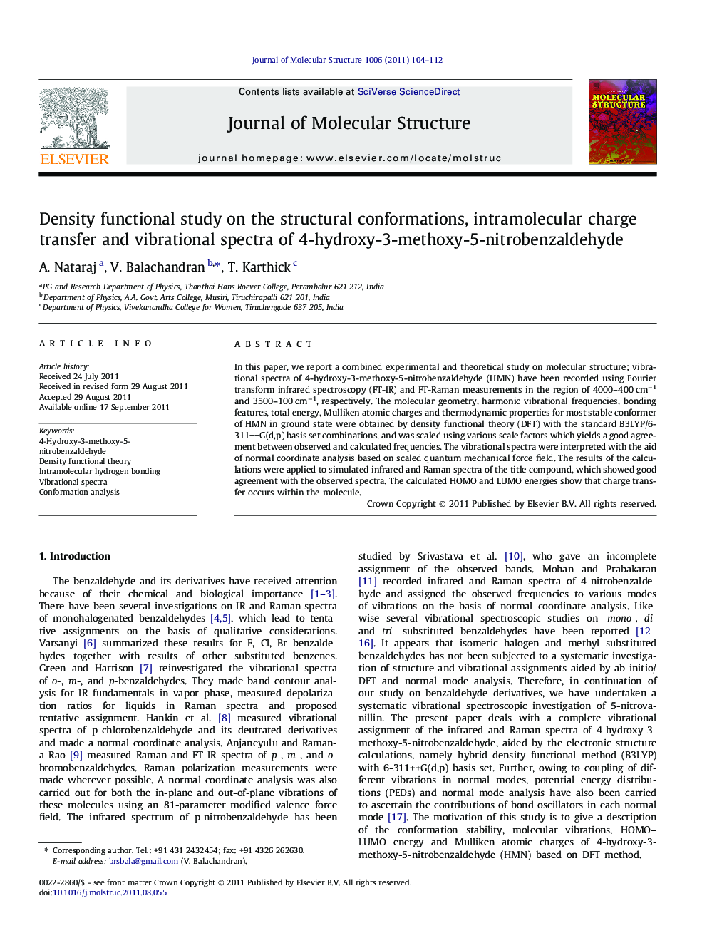 Density functional study on the structural conformations, intramolecular charge transfer and vibrational spectra of 4-hydroxy-3-methoxy-5-nitrobenzaldehyde