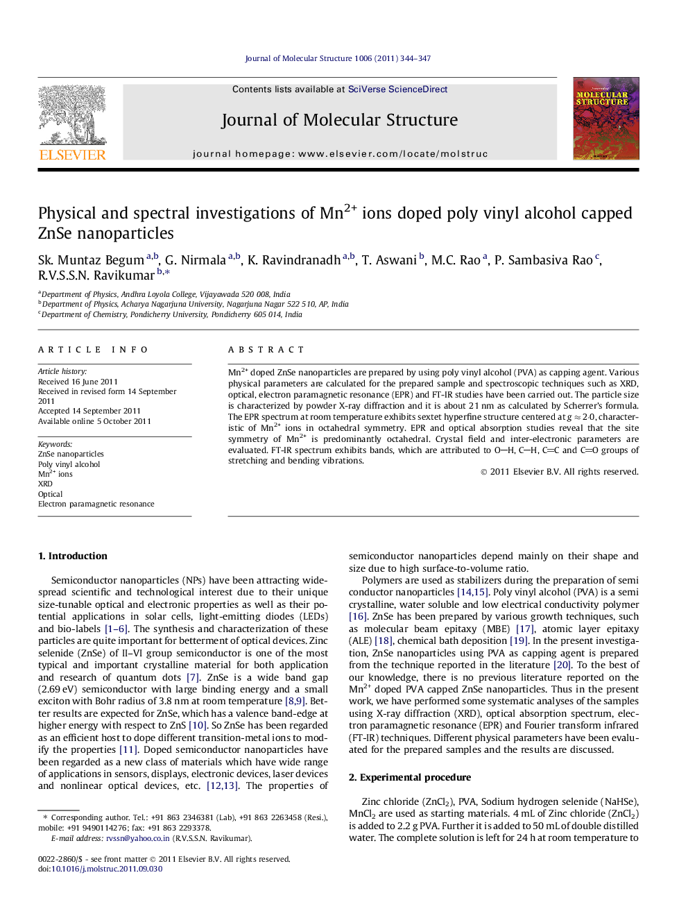 Physical and spectral investigations of Mn2+ ions doped poly vinyl alcohol capped ZnSe nanoparticles