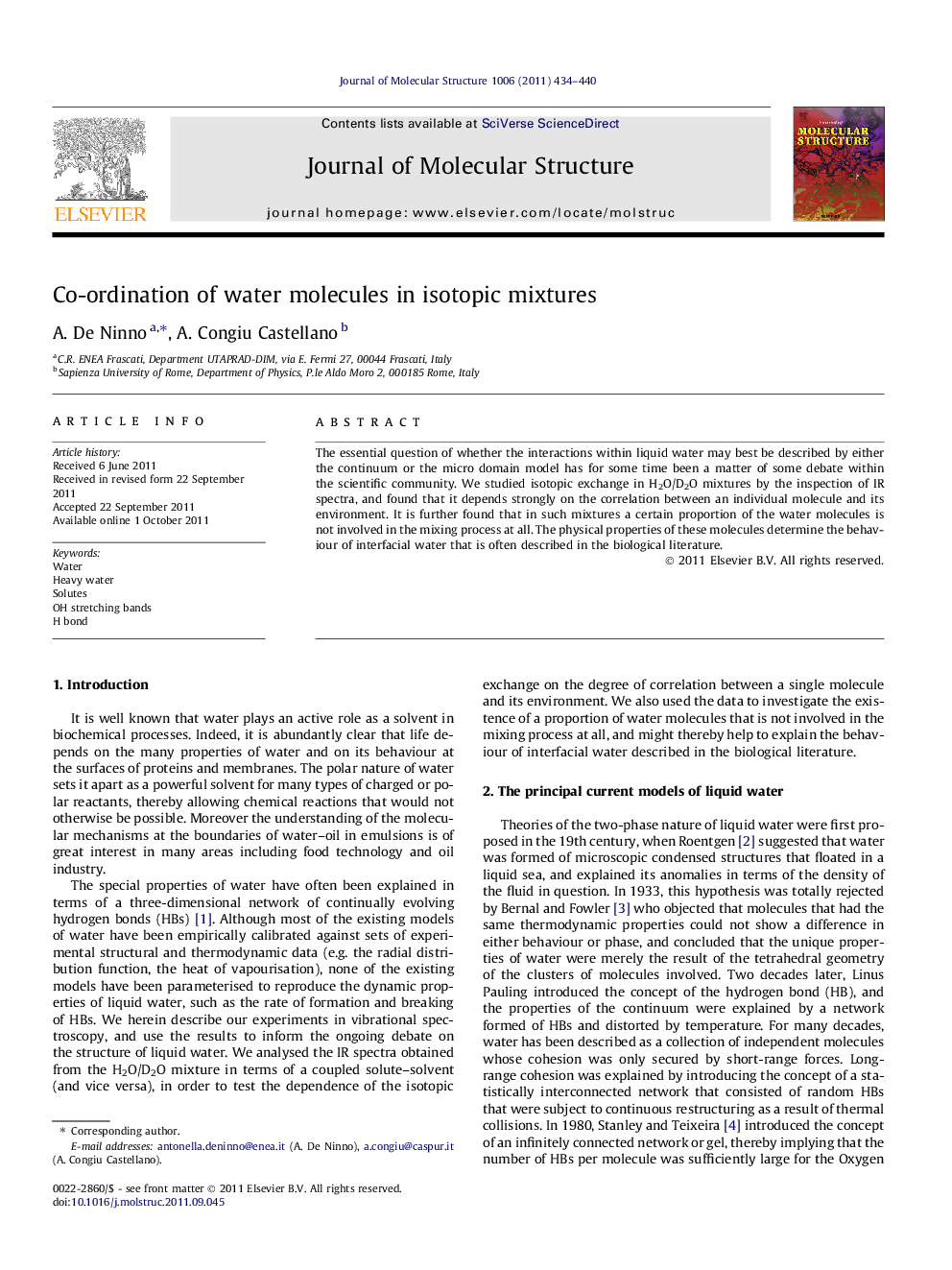 Co-ordination of water molecules in isotopic mixtures