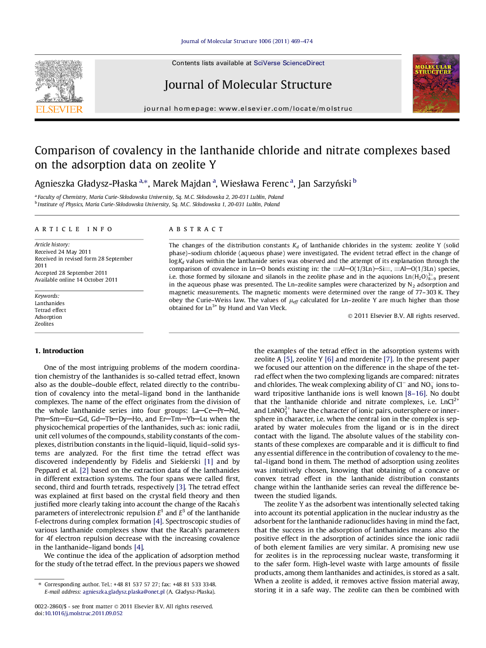 Comparison of covalency in the lanthanide chloride and nitrate complexes based on the adsorption data on zeolite Y