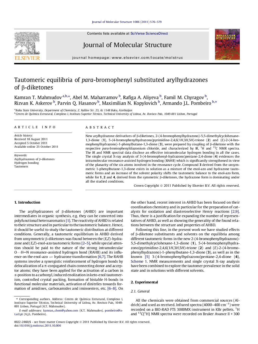 Tautomeric equilibria of para-bromophenyl substituted arylhydrazones of β-diketones