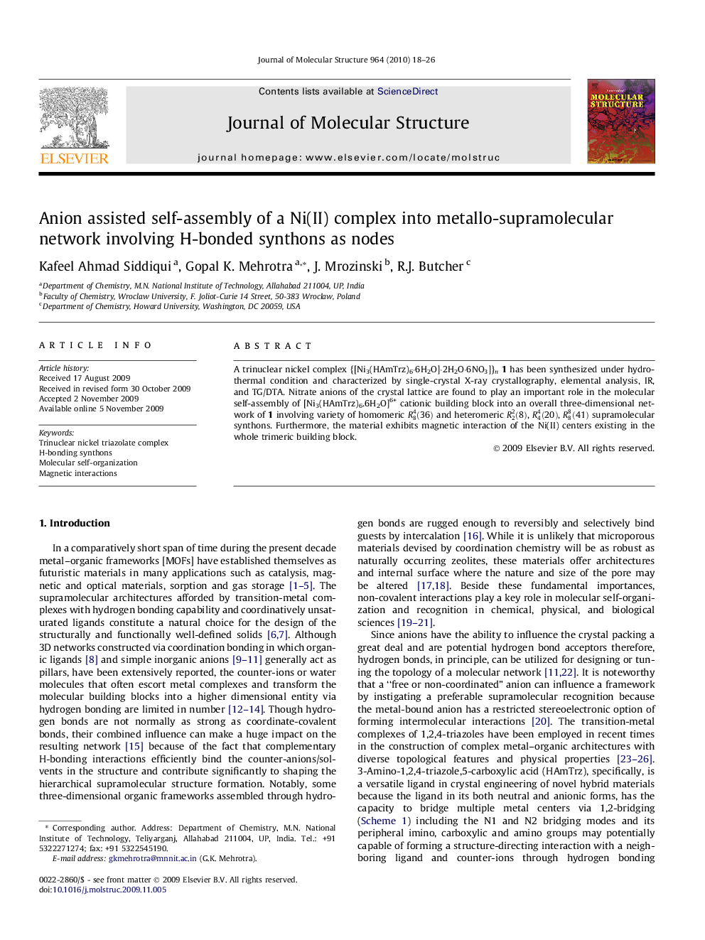 Anion assisted self-assembly of a Ni(II) complex into metallo-supramolecular network involving H-bonded synthons as nodes