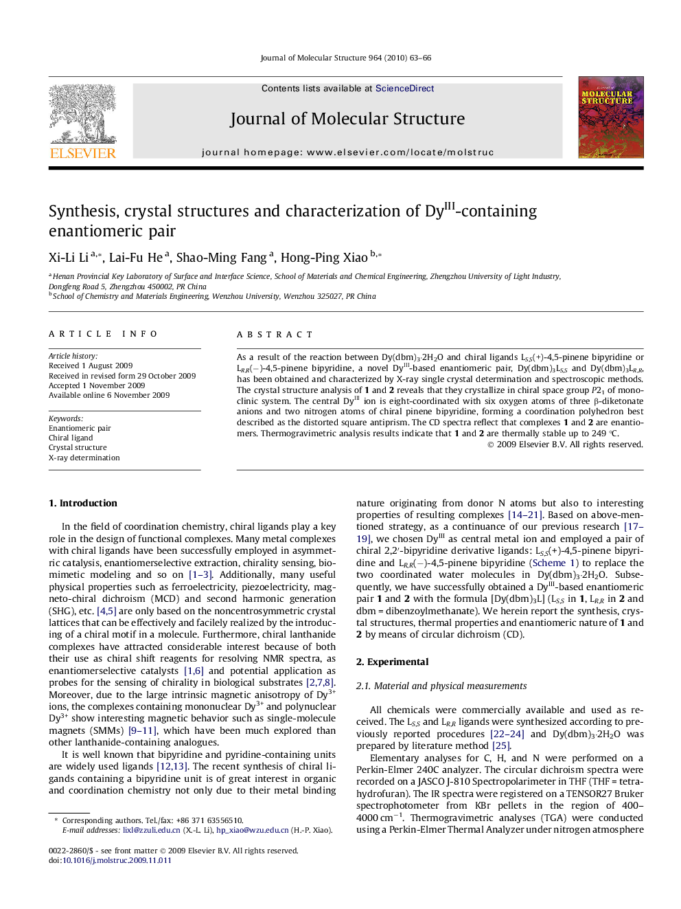 Synthesis, crystal structures and characterization of DyIII-containing enantiomeric pair