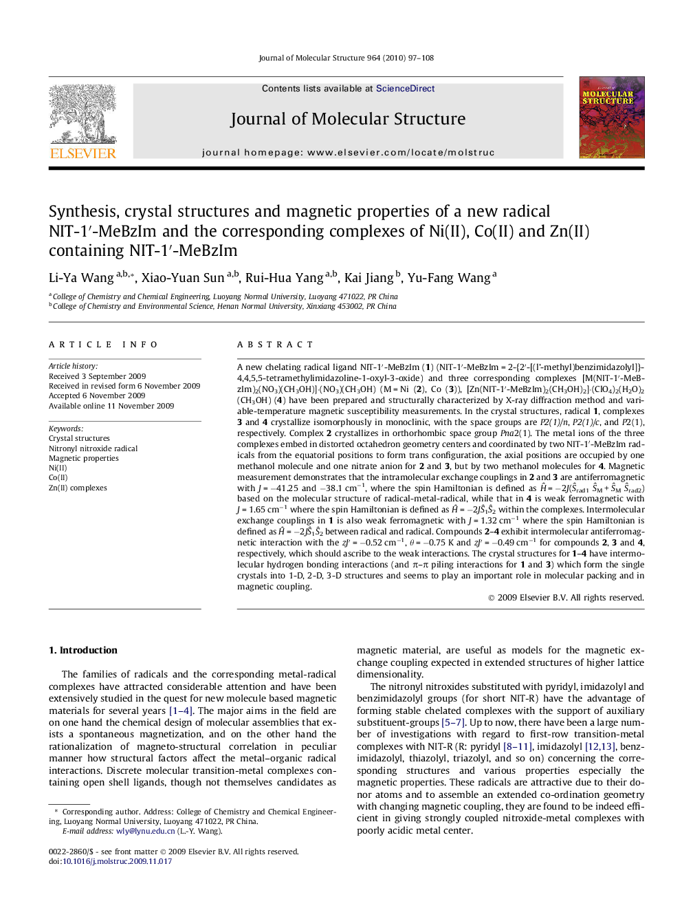 Synthesis, crystal structures and magnetic properties of a new radical NIT-1′-MeBzIm and the corresponding complexes of Ni(II), Co(II) and Zn(II) containing NIT-1′-MeBzIm