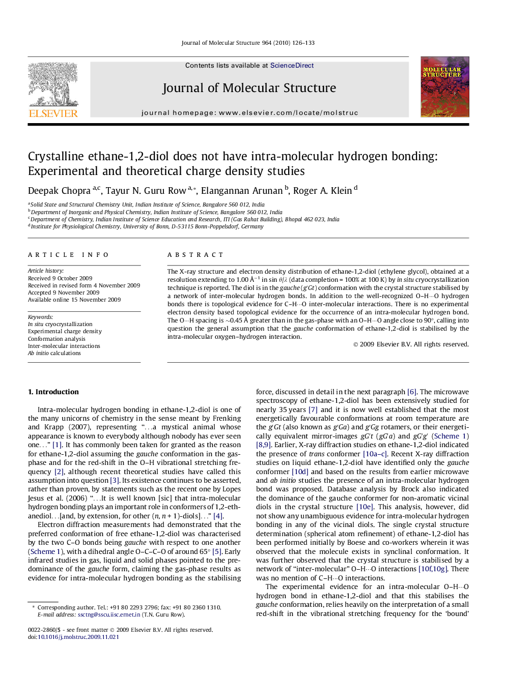 Crystalline ethane-1,2-diol does not have intra-molecular hydrogen bonding: Experimental and theoretical charge density studies