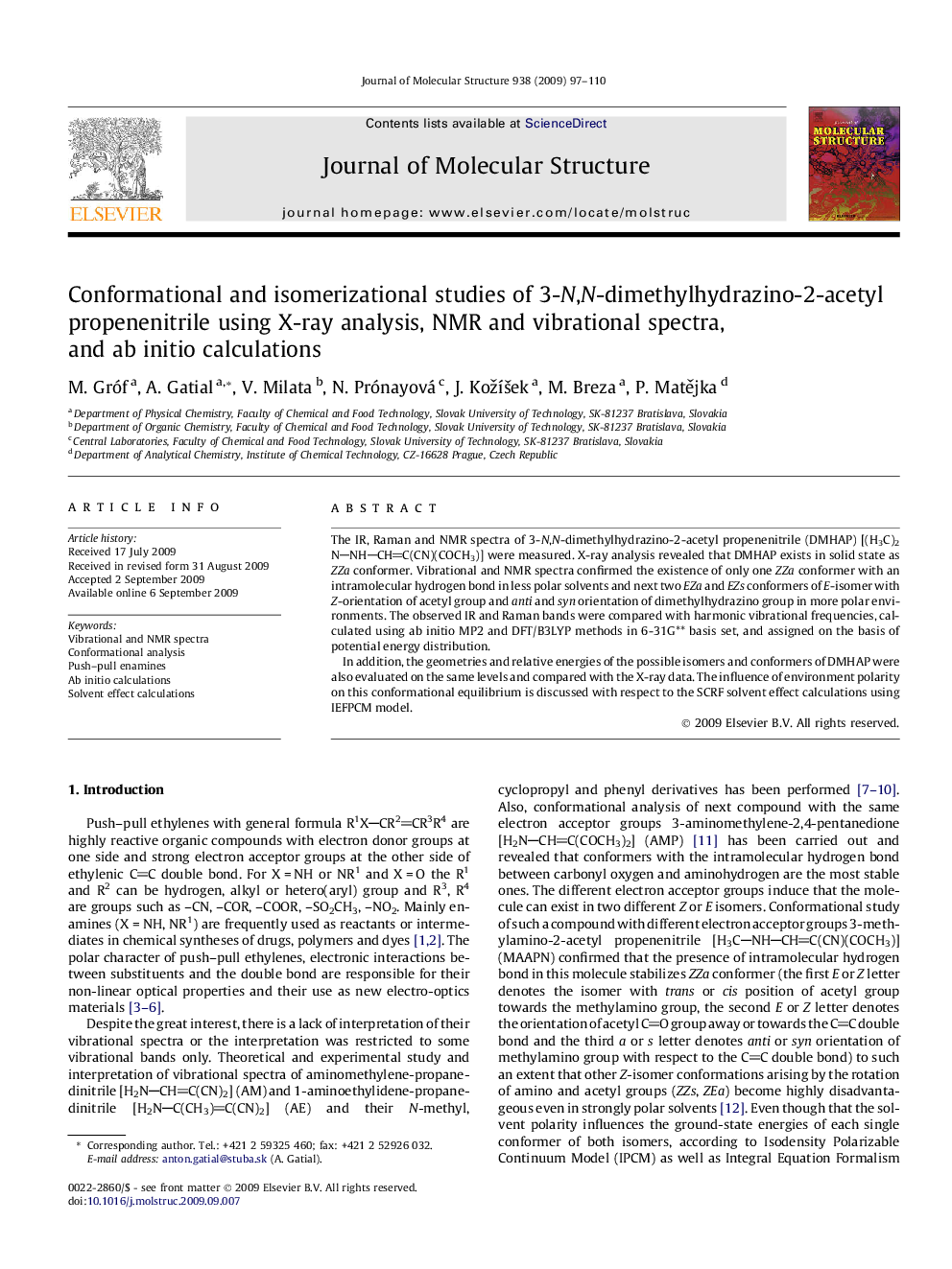 Conformational and isomerizational studies of 3-N,N-dimethylhydrazino-2-acetyl propenenitrile using X-ray analysis, NMR and vibrational spectra, and ab initio calculations