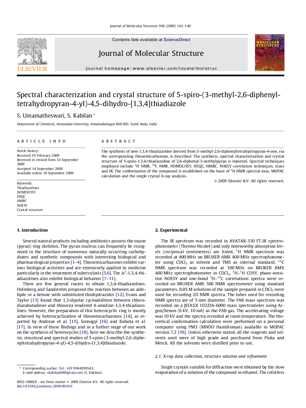 Spectral characterization and crystal structure of 5-spiro-(3-methyl-2,6-diphenyltetrahydropyran-4-yl)-4,5-dihydro-[1,3,4]thiadiazole