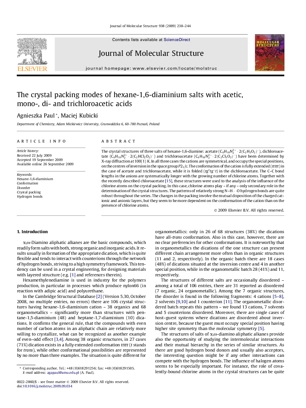 The crystal packing modes of hexane-1,6-diaminium salts with acetic, mono-, di- and trichloroacetic acids