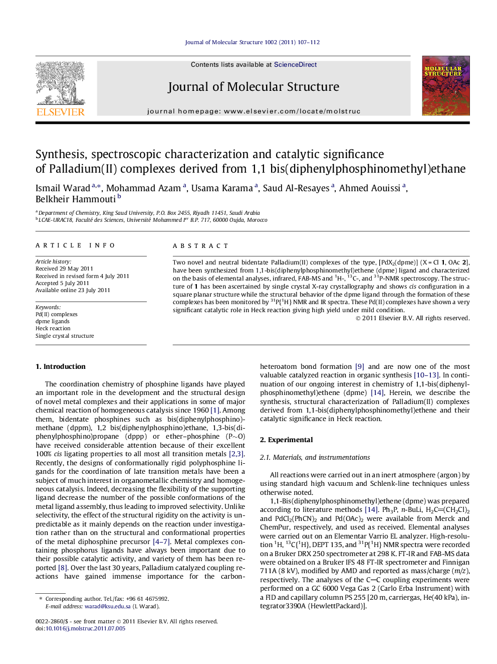 Synthesis, spectroscopic characterization and catalytic significance of Palladium(II) complexes derived from 1,1 bis(diphenylphosphinomethyl)ethane