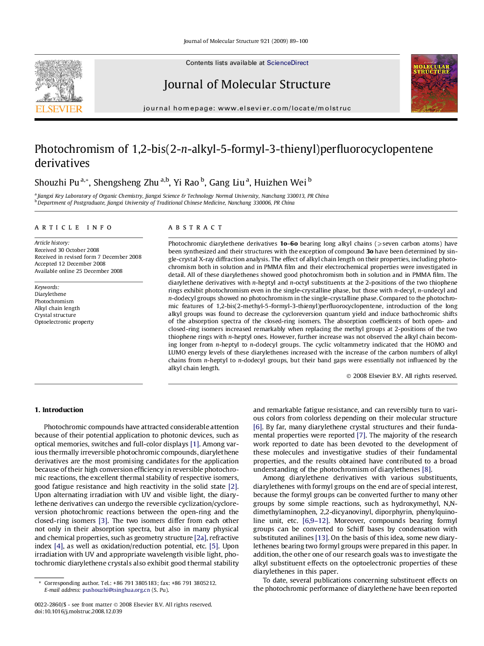 Photochromism of 1,2-bis(2-n-alkyl-5-formyl-3-thienyl)perfluorocyclopentene derivatives