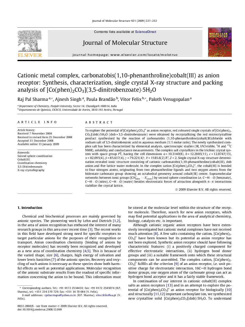 Cationic metal complex, carbonatobis(1,10-phenanthroline)cobalt(III) as anion receptor: Synthesis, characterization, single crystal X-ray structure and packing analysis of [Co(phen)2CO3](3,5-dinitrobenzoate)·5H2O