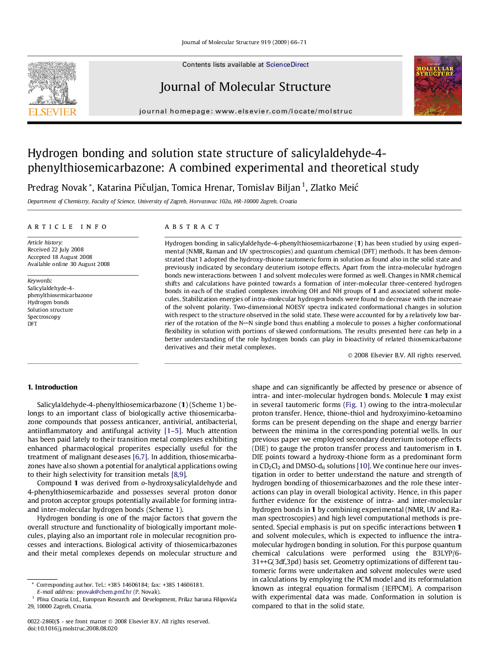 Hydrogen bonding and solution state structure of salicylaldehyde-4-phenylthiosemicarbazone: A combined experimental and theoretical study