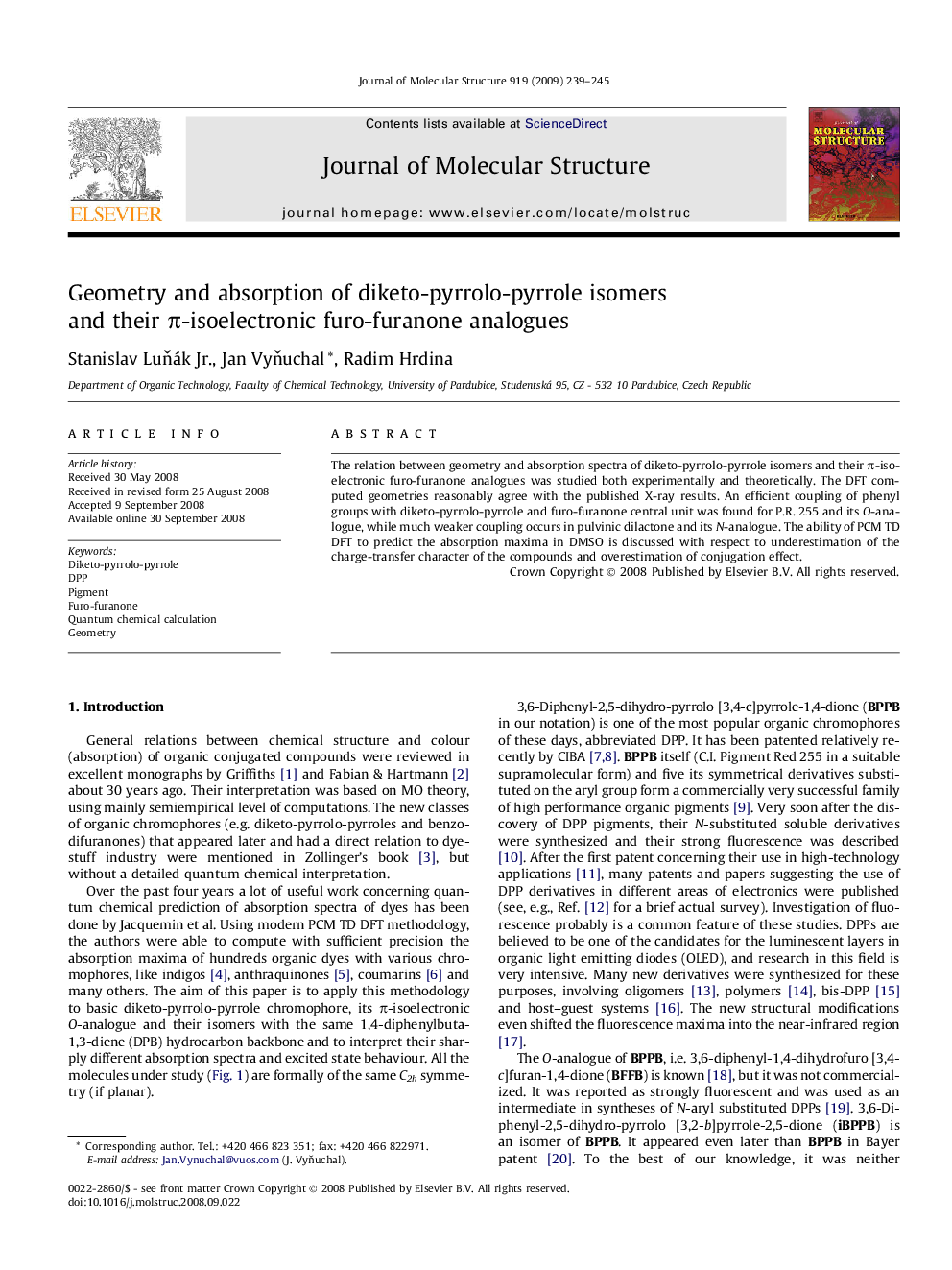 Geometry and absorption of diketo-pyrrolo-pyrrole isomers and their π-isoelectronic furo-furanone analogues