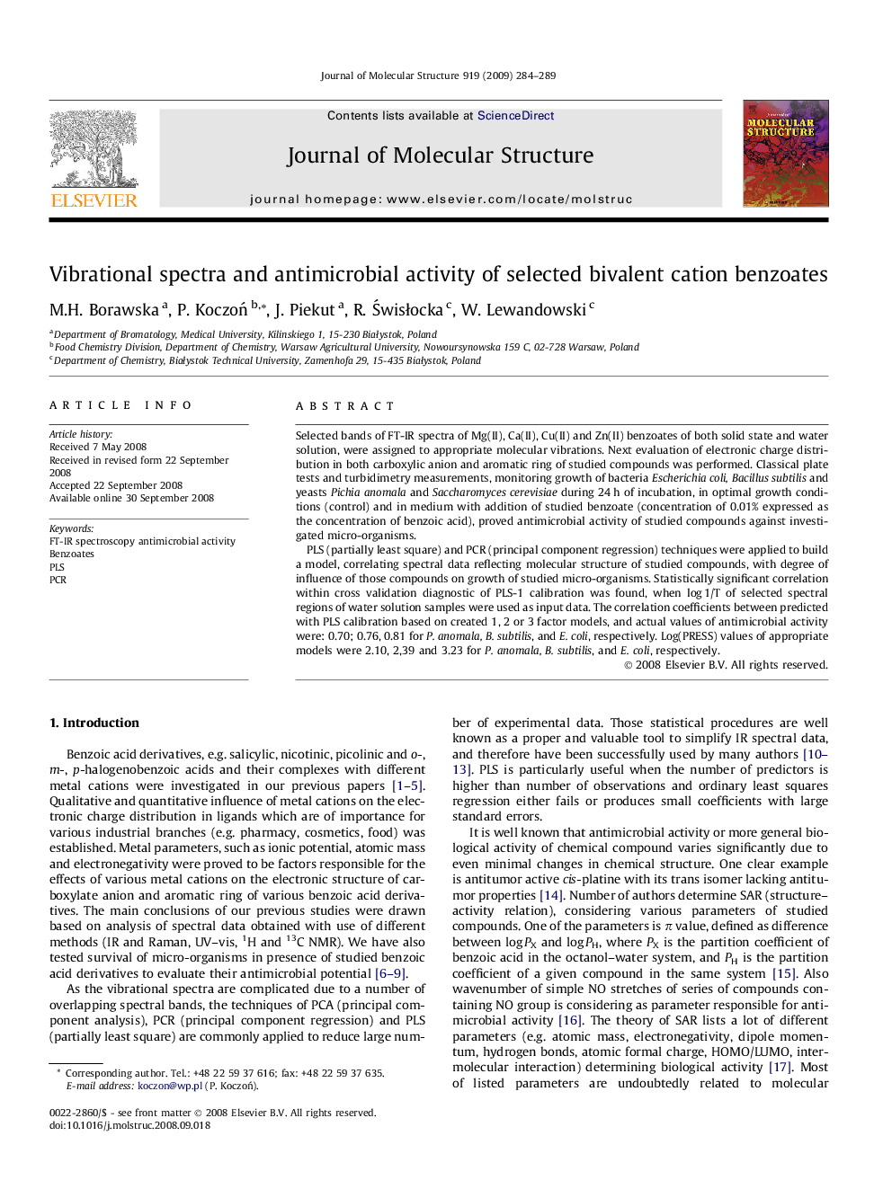 Vibrational spectra and antimicrobial activity of selected bivalent cation benzoates