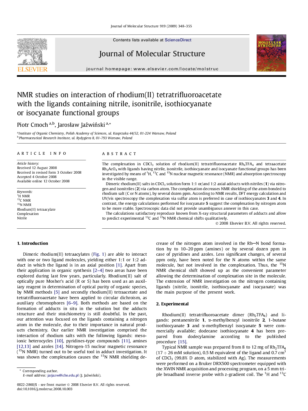 NMR studies on interaction of rhodium(II) tetratrifluoroacetate with the ligands containing nitrile, isonitrile, isothiocyanate or isocyanate functional groups