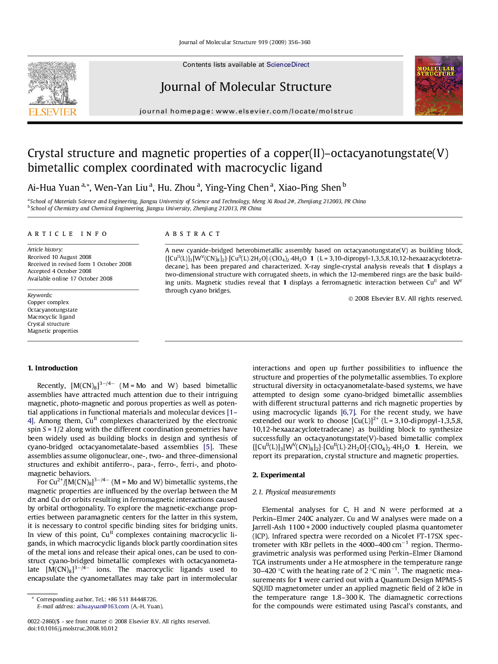 Crystal structure and magnetic properties of a copper(II)-octacyanotungstate(V) bimetallic complex coordinated with macrocyclic ligand