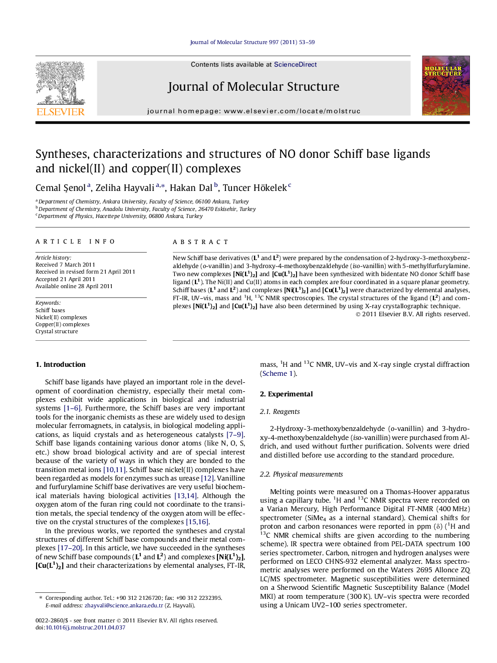 Syntheses, characterizations and structures of NO donor Schiff base ligands and nickel(II) and copper(II) complexes