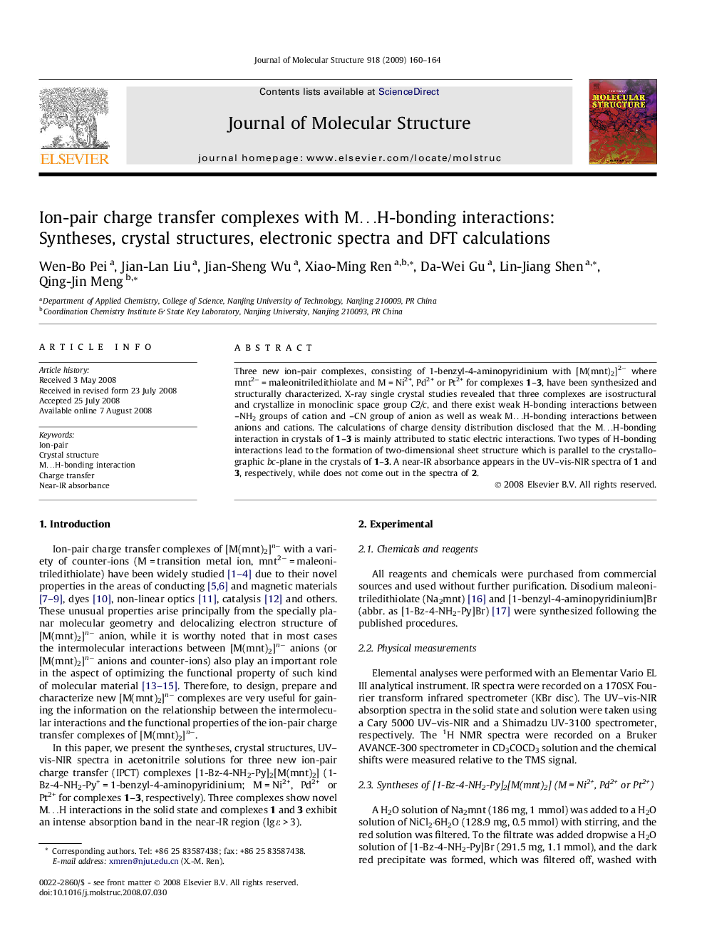 Ion-pair charge transfer complexes with M…H-bonding interactions: Syntheses, crystal structures, electronic spectra and DFT calculations