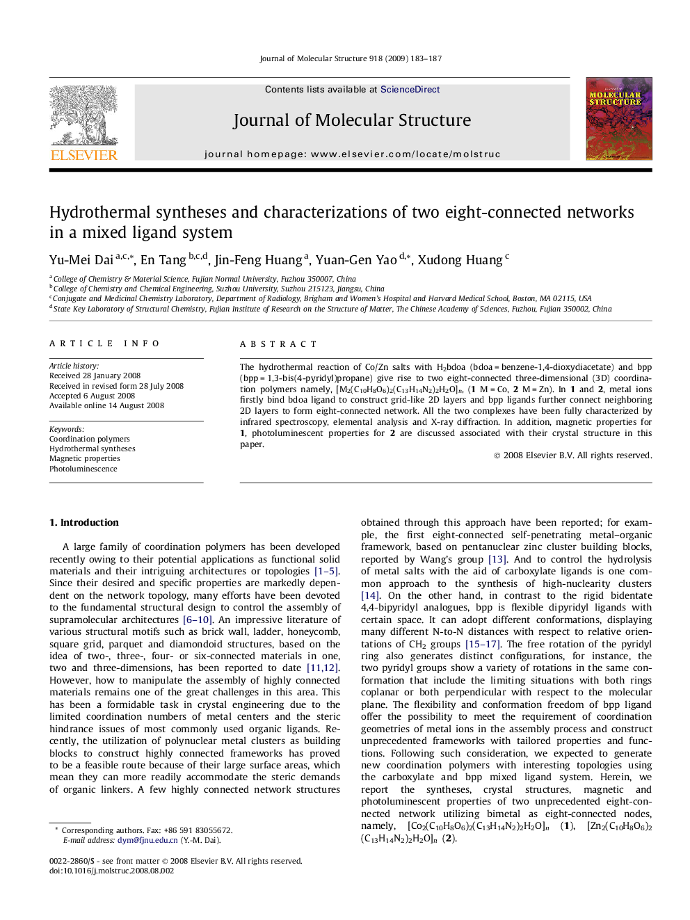 Hydrothermal syntheses and characterizations of two eight-connected networks in a mixed ligand system