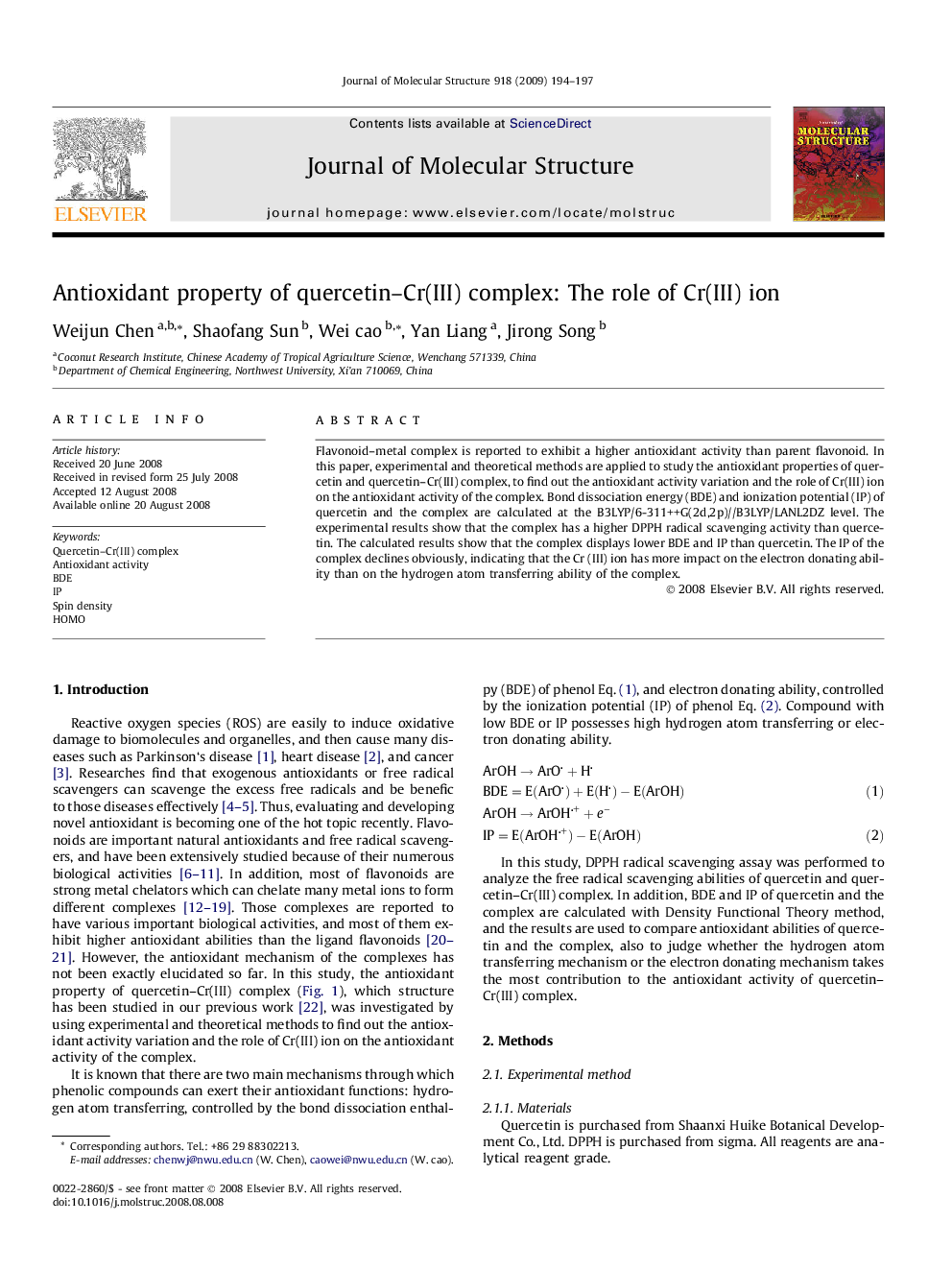 Antioxidant property of quercetin–Cr(III) complex: The role of Cr(III) ion