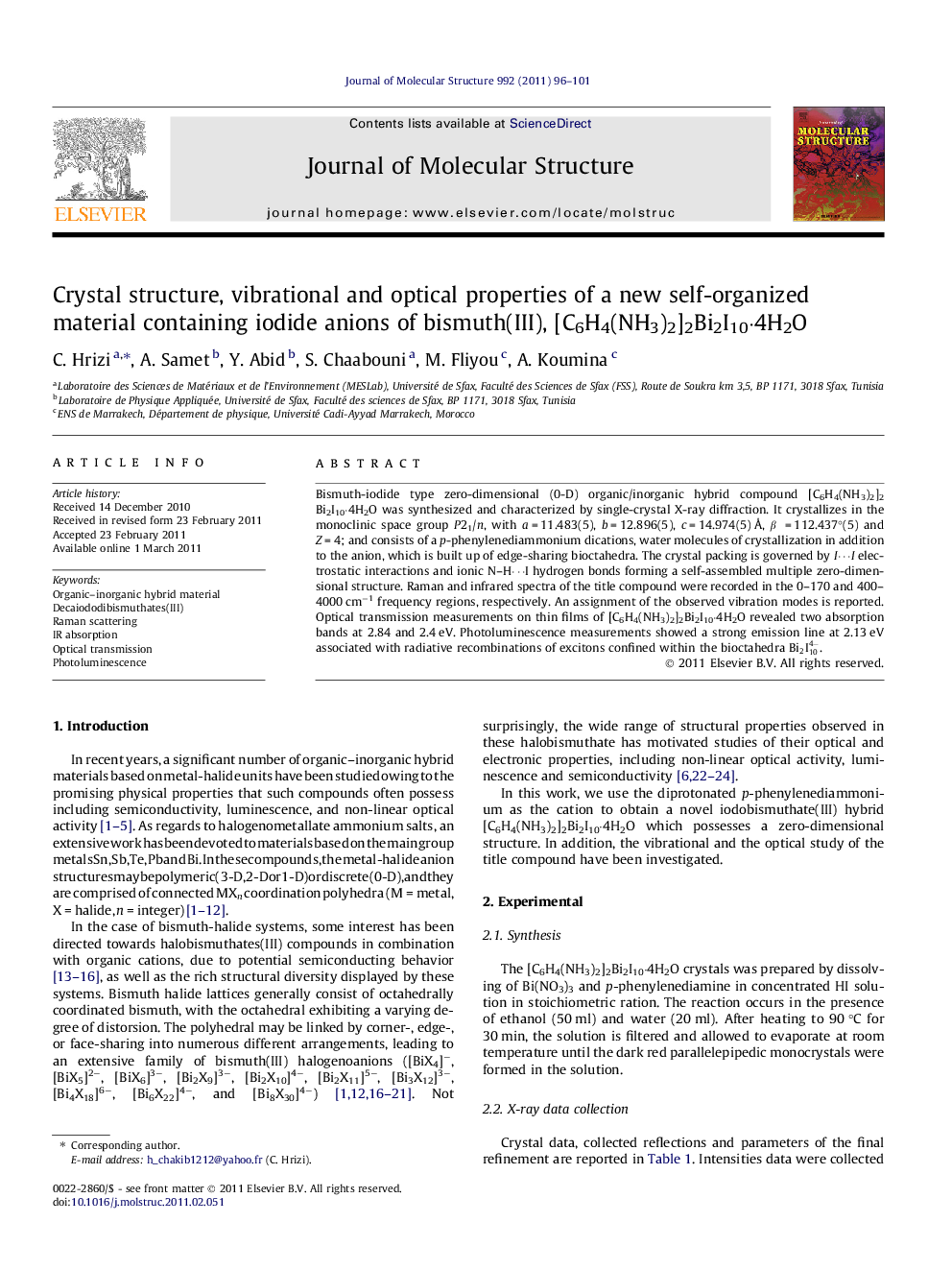 Crystal structure, vibrational and optical properties of a new self-organized material containing iodide anions of bismuth(III), [C6H4(NH3)2]2Bi2I10·4H2O