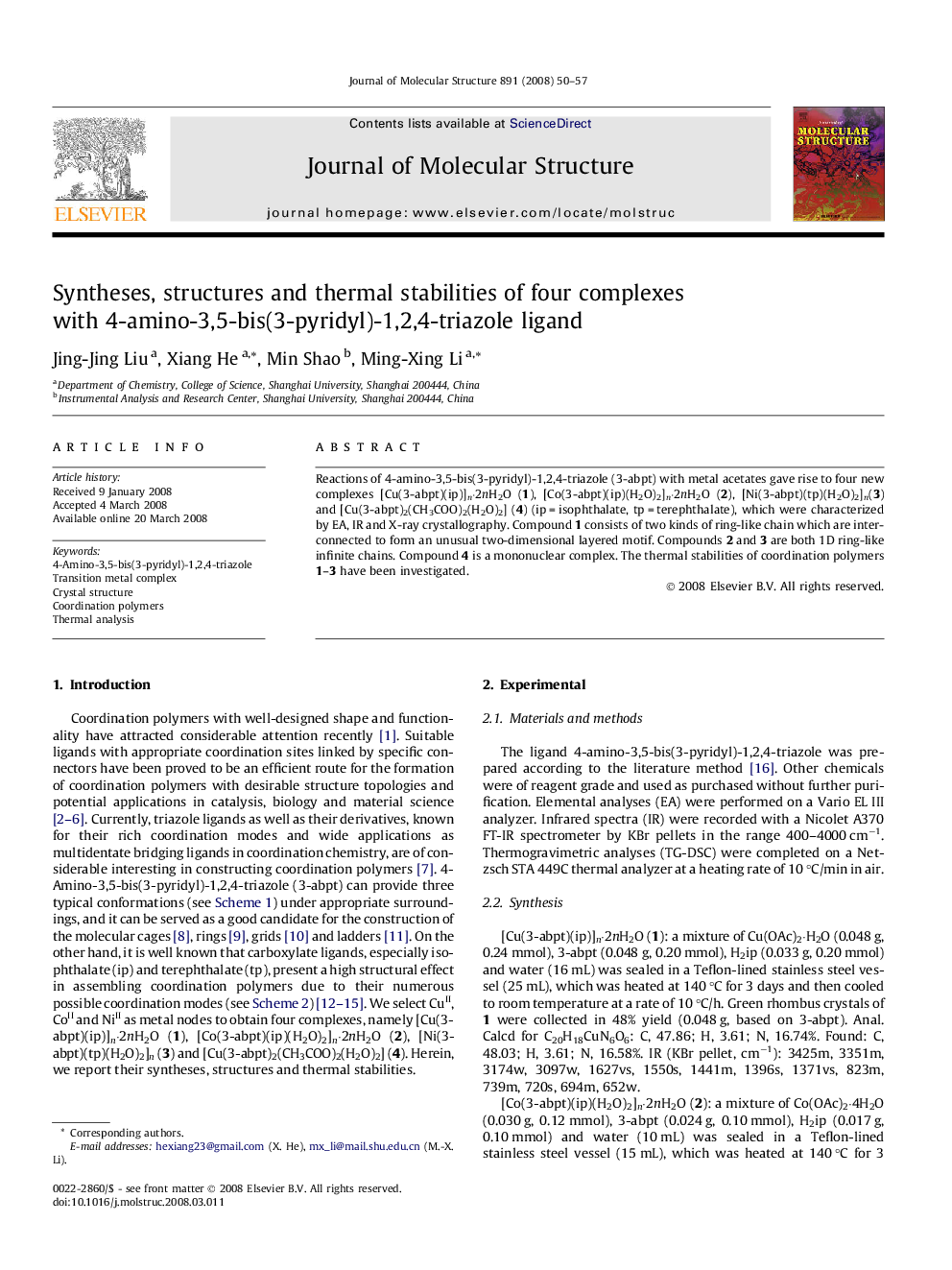 Syntheses, structures and thermal stabilities of four complexes with 4-amino-3,5-bis(3-pyridyl)-1,2,4-triazole ligand