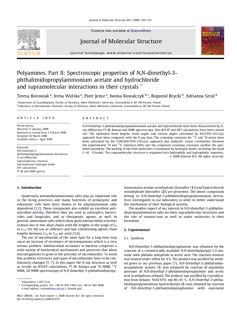 Polyamines. Part II: Spectroscopic properties of N,N-dimethyl-3-phthalimidopropylammonium acetate and hydrochloride and supramolecular interactions in their crystals