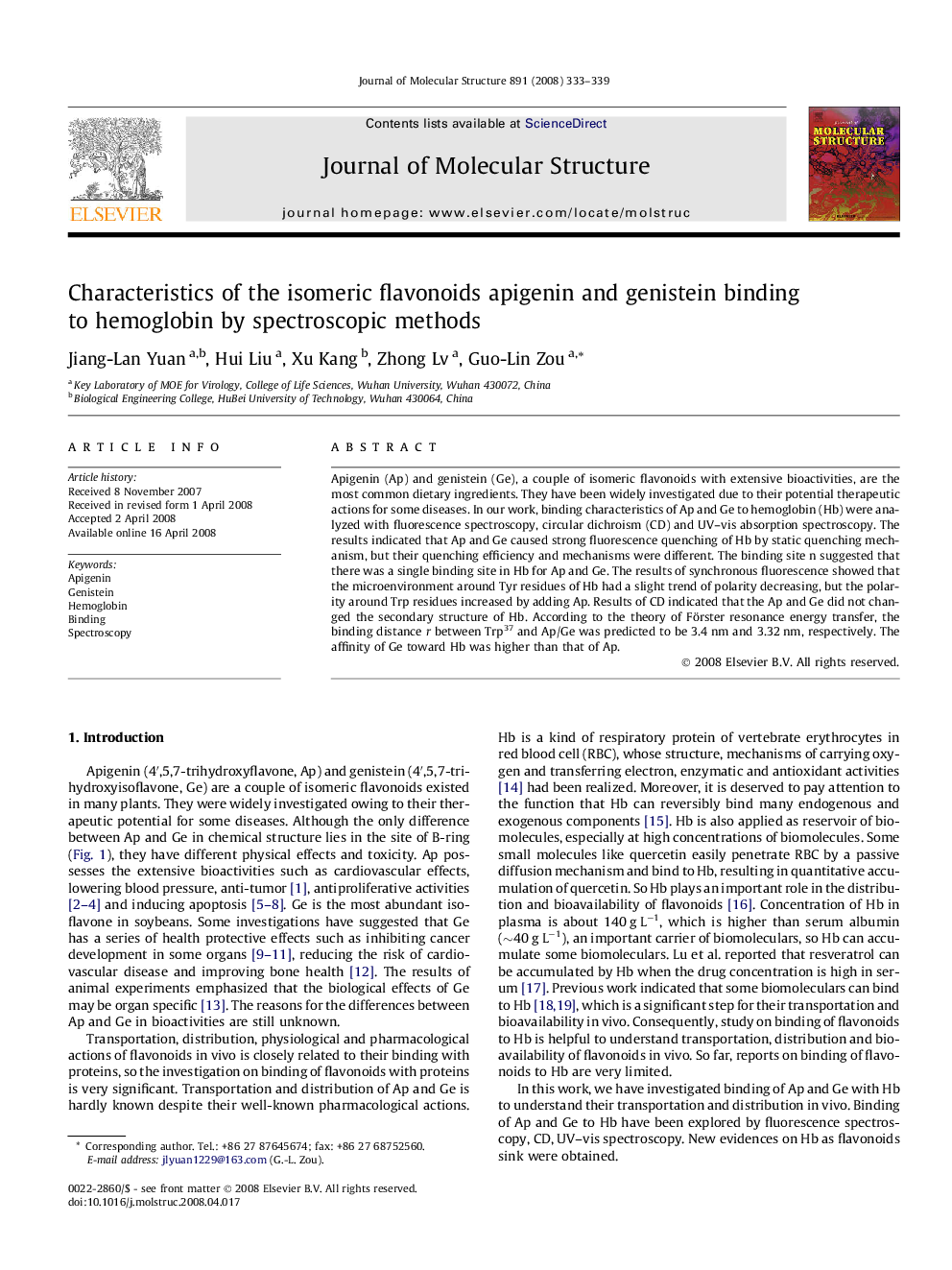 Characteristics of the isomeric flavonoids apigenin and genistein binding to hemoglobin by spectroscopic methods