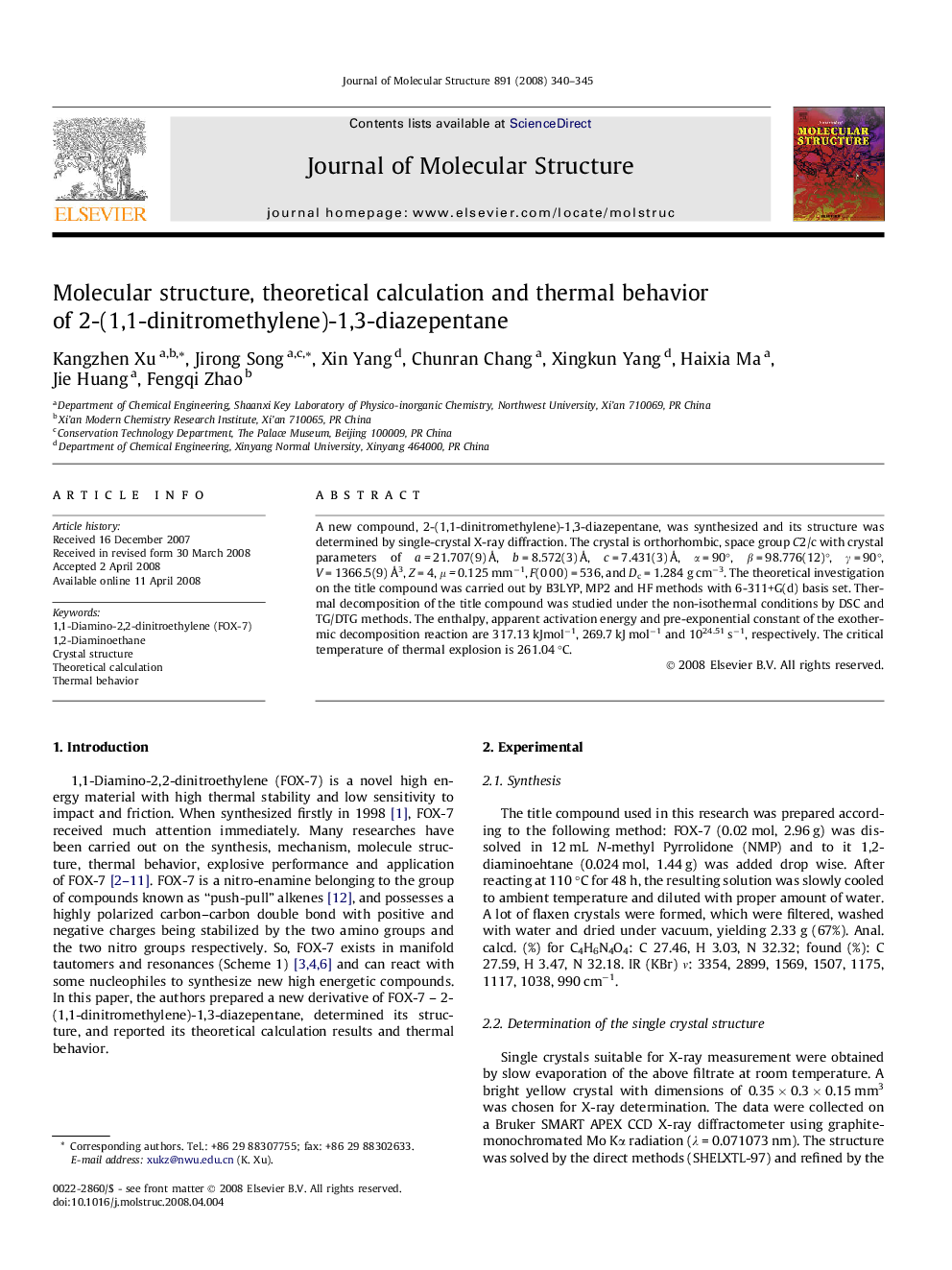 Molecular structure, theoretical calculation and thermal behavior of 2-(1,1-dinitromethylene)-1,3-diazepentane