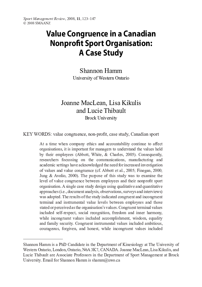 Value Congruence in a Canadian Nonprofit Sport Organisation: A Case Study