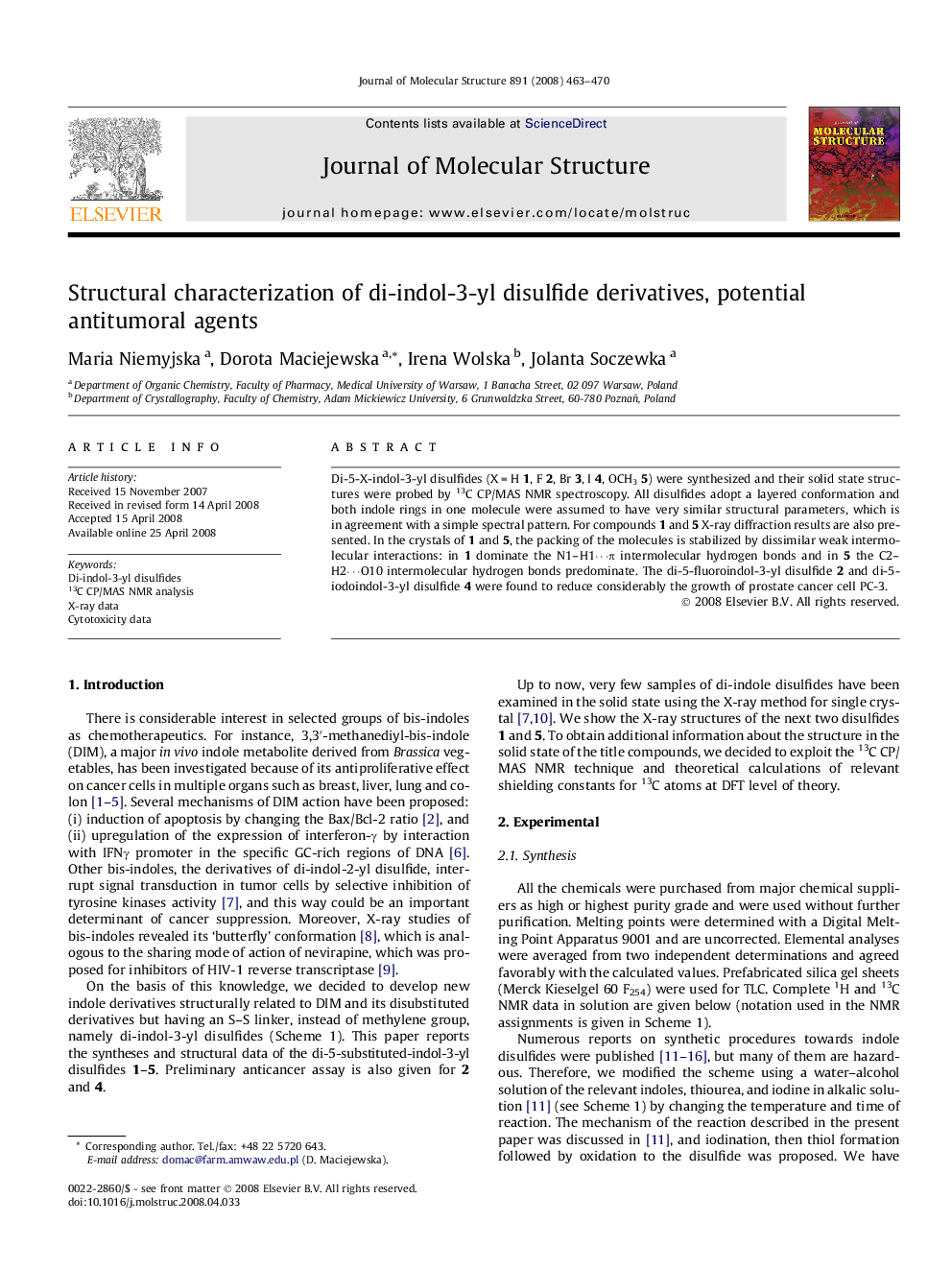 Structural characterization of di-indol-3-yl disulfide derivatives, potential antitumoral agents