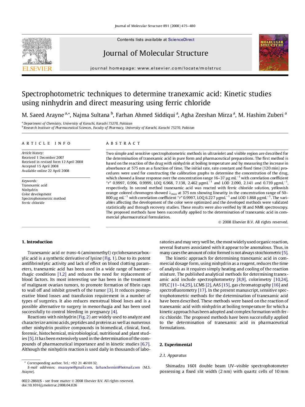 Spectrophotometric techniques to determine tranexamic acid: Kinetic studies using ninhydrin and direct measuring using ferric chloride