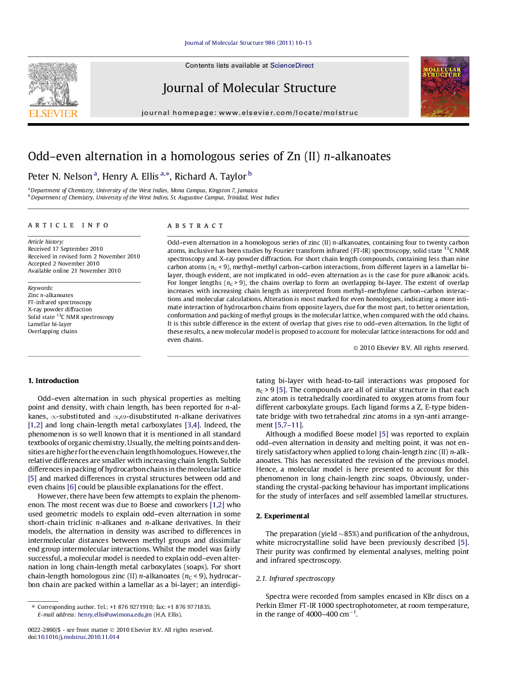 Odd–even alternation in a homologous series of Zn (II) n-alkanoates