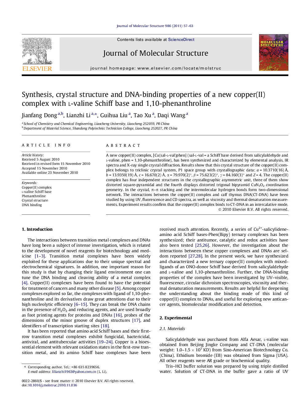 Synthesis, crystal structure and DNA-binding properties of a new copper(II) complex with l-valine Schiff base and 1,10-phenanthroline