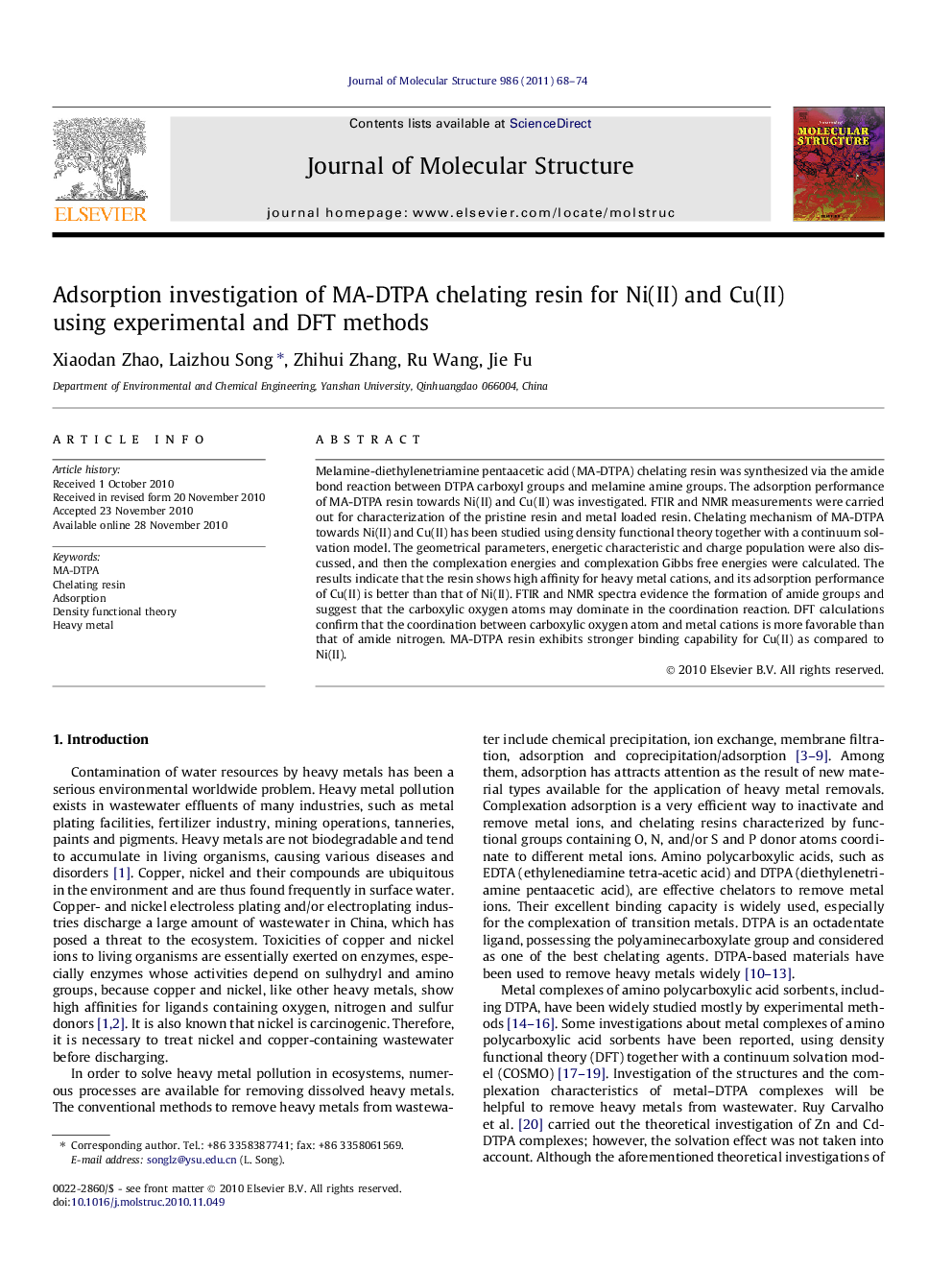 Adsorption investigation of MA-DTPA chelating resin for Ni(II) and Cu(II) using experimental and DFT methods