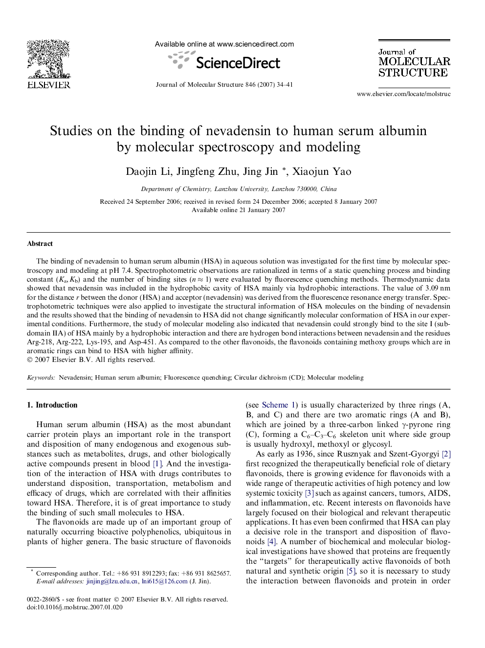 Studies on the binding of nevadensin to human serum albumin by molecular spectroscopy and modeling