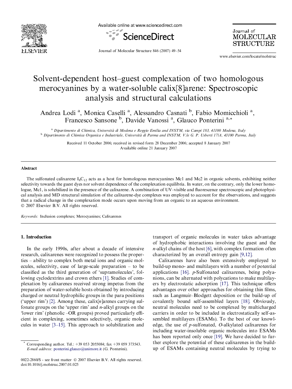 Solvent-dependent host–guest complexation of two homologous merocyanines by a water-soluble calix[8]arene: Spectroscopic analysis and structural calculations