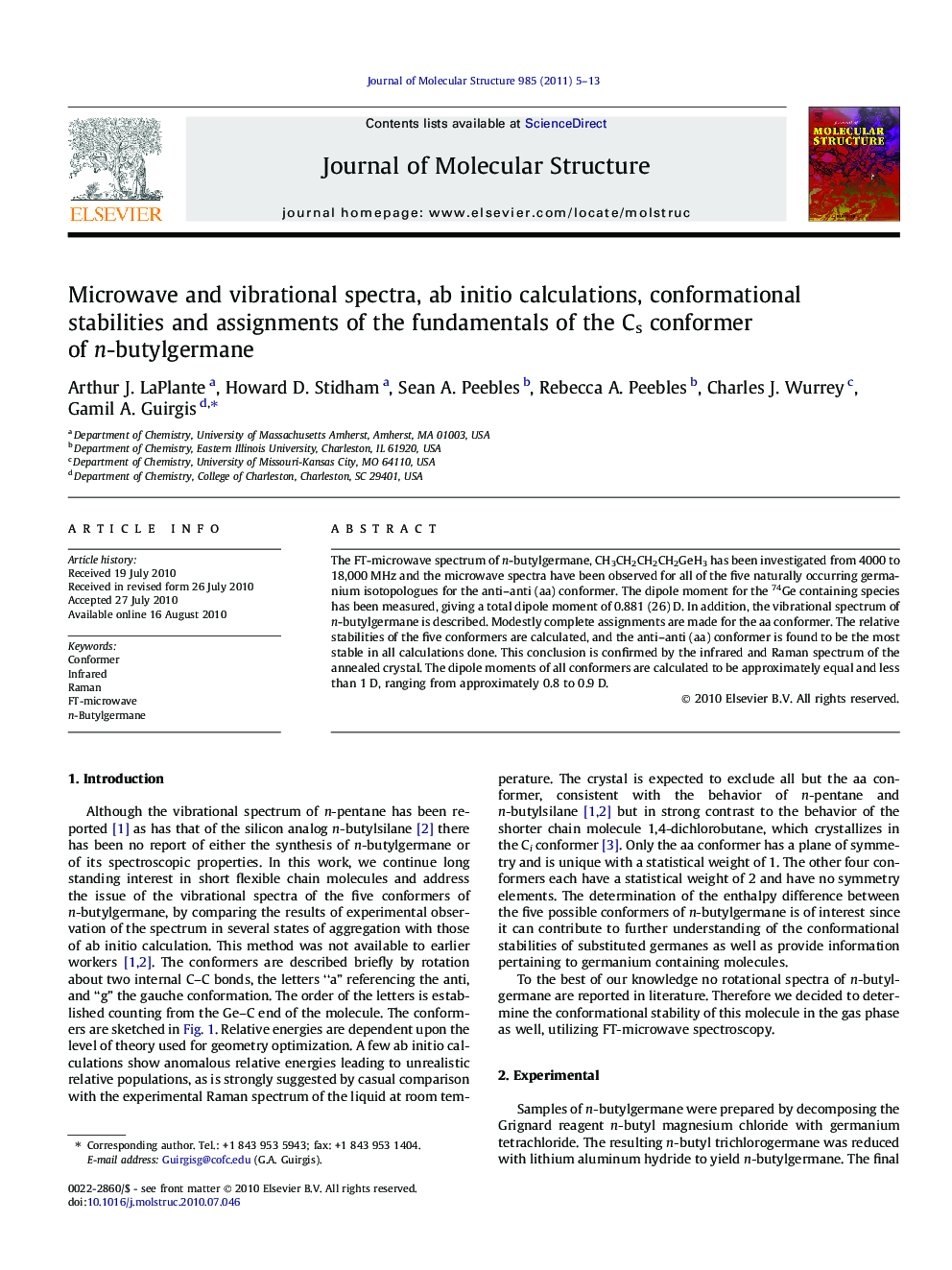 Microwave and vibrational spectra, ab initio calculations, conformational stabilities and assignments of the fundamentals of the Cs conformer of n-butylgermane