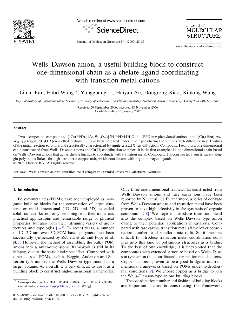 Wells–Dawson anion, a useful building block to construct one-dimensional chain as a chelate ligand coordinating with transition metal cations