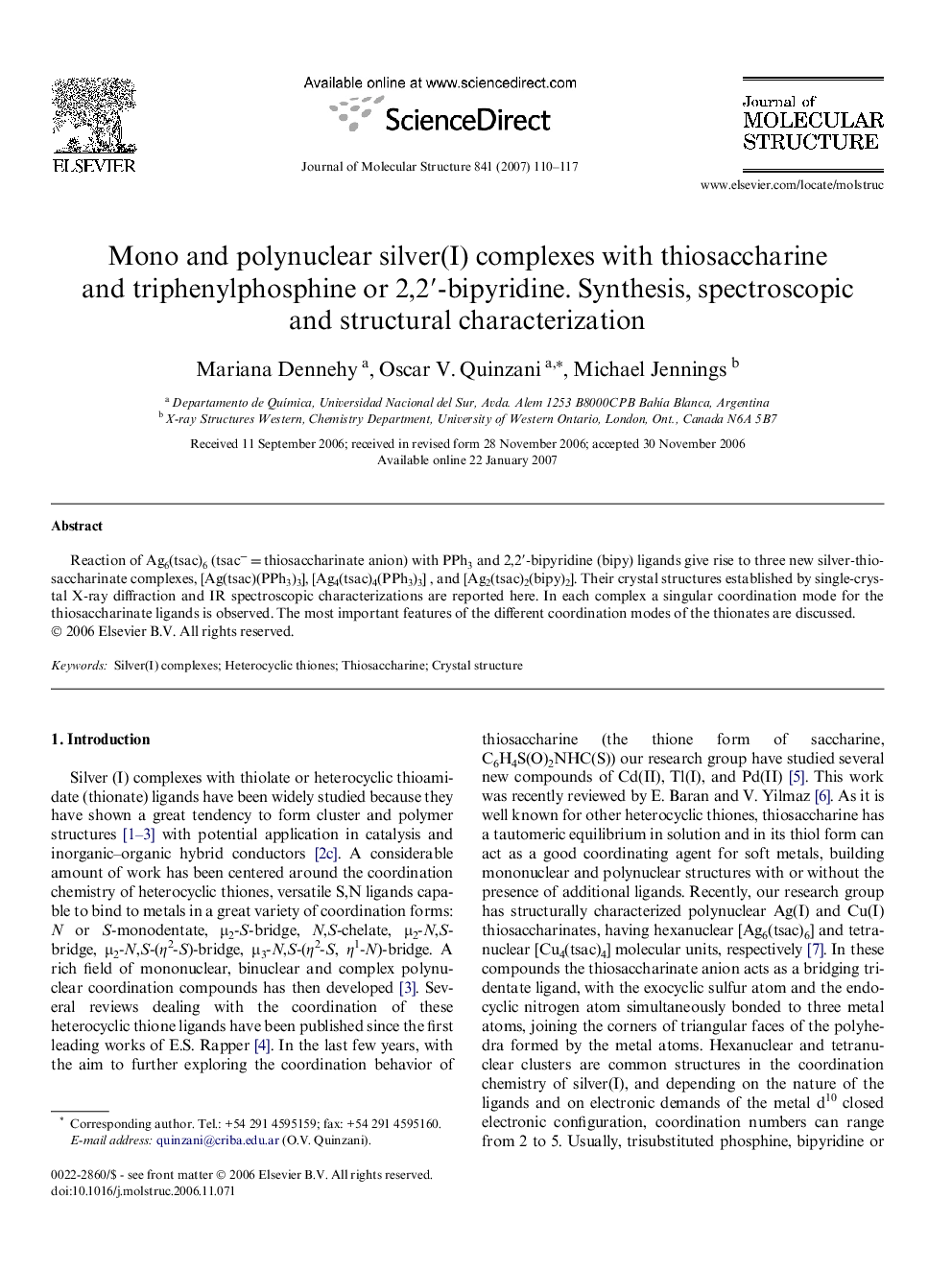 Mono and polynuclear silver(I) complexes with thiosaccharine and triphenylphosphine or 2,2′-bipyridine. Synthesis, spectroscopic and structural characterization