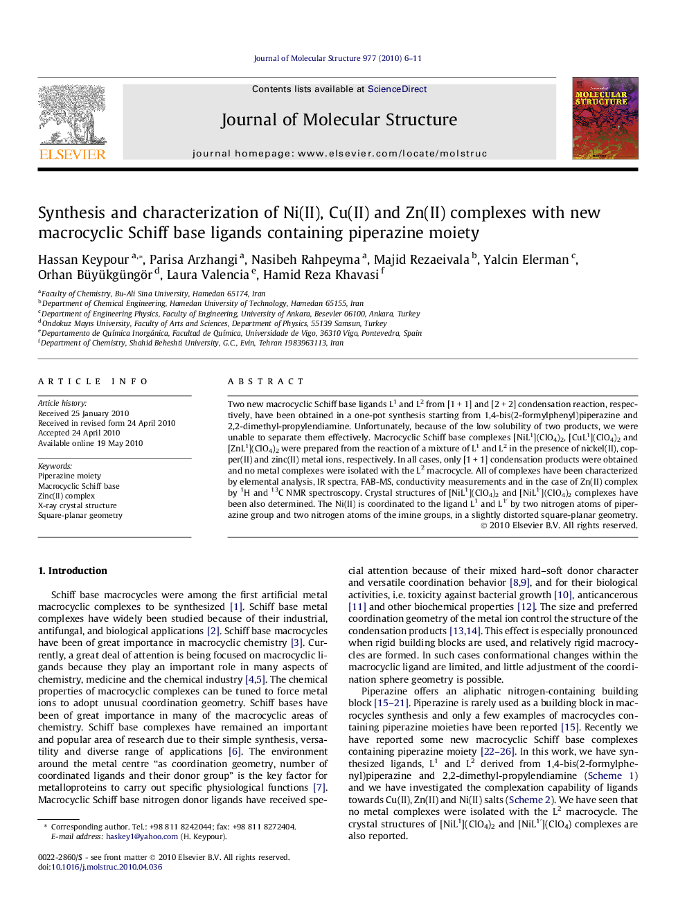 Synthesis and characterization of Ni(II), Cu(II) and Zn(II) complexes with new macrocyclic Schiff base ligands containing piperazine moiety